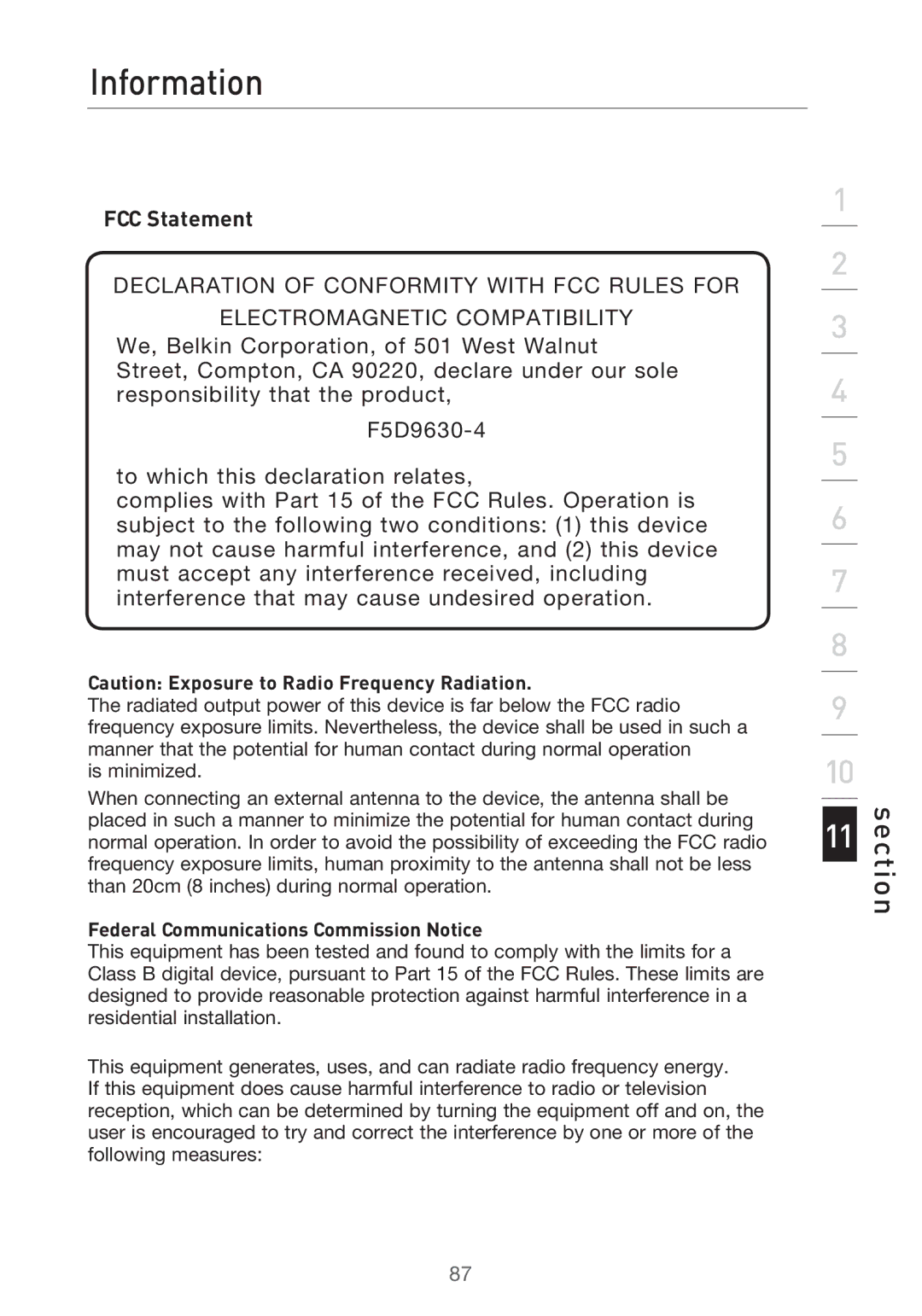 Belkin P75125UK manual Information, FCC Statement 