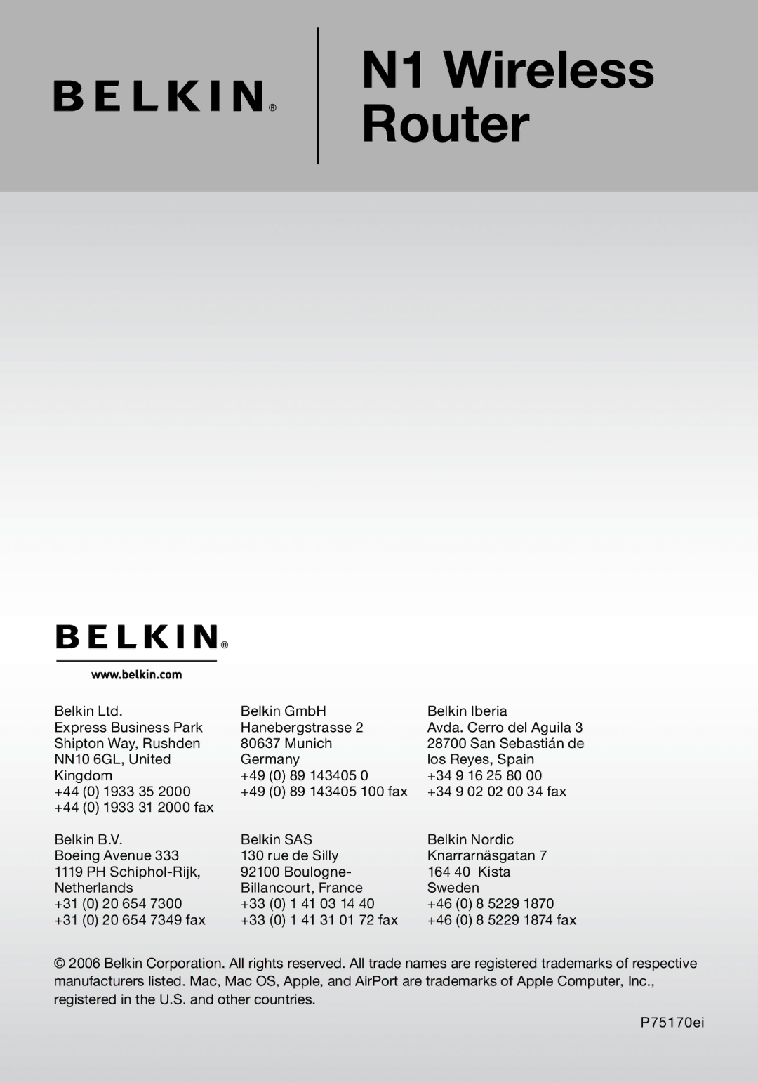 Belkin P75170EI manual N1 Wireless Router 