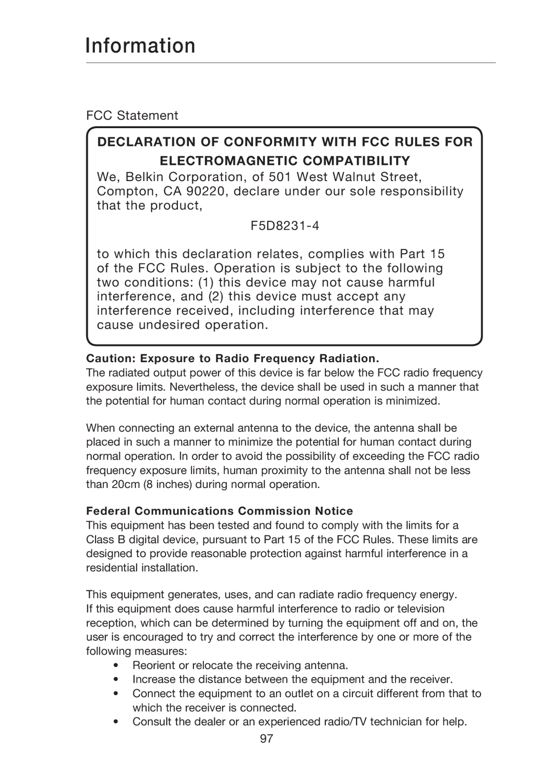 Belkin P75170EI manual Information, Federal Communications Commission Notice 