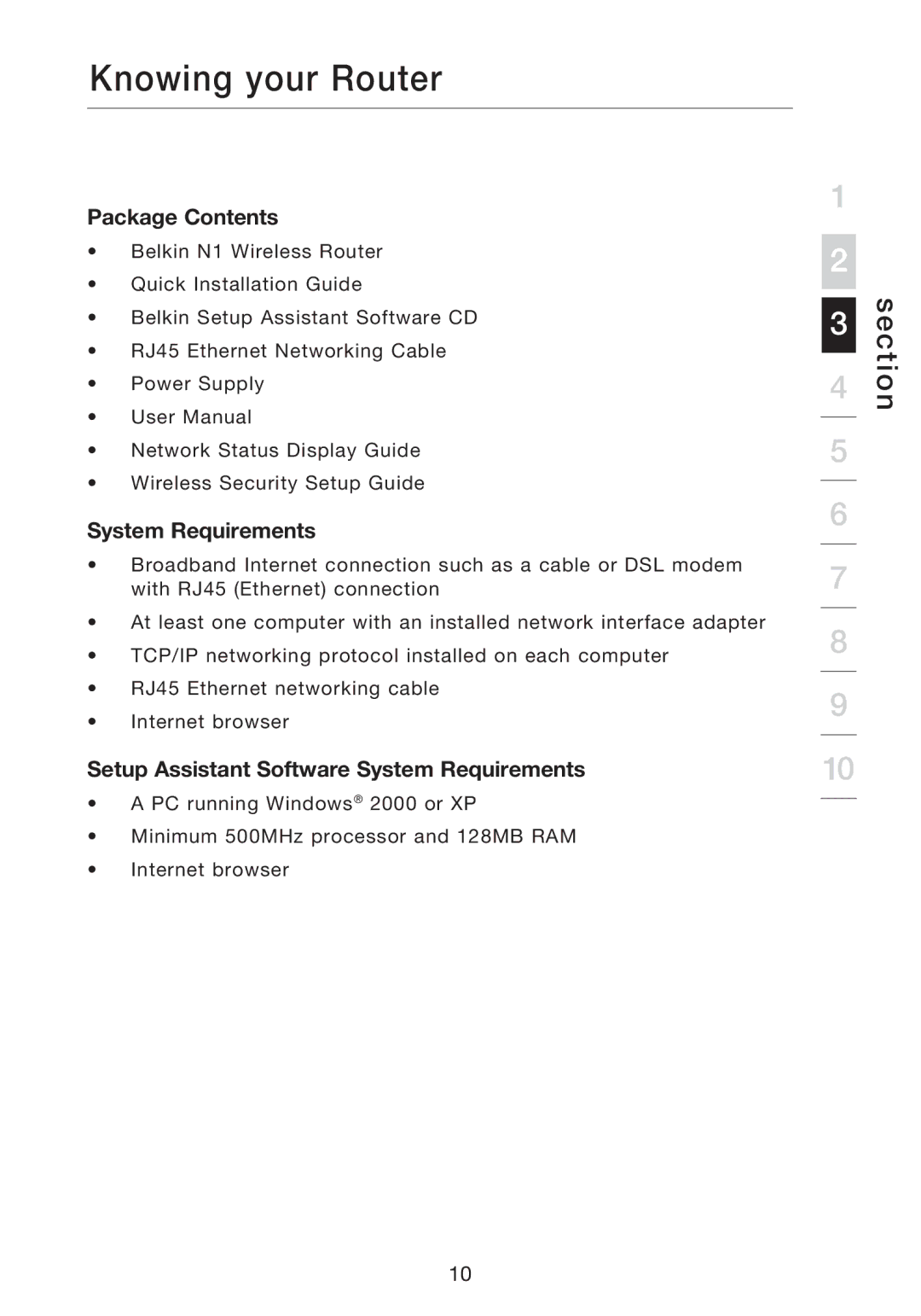 Belkin P75170EI manual Knowing your Router, Package Contents, Setup Assistant Software System Requirements 