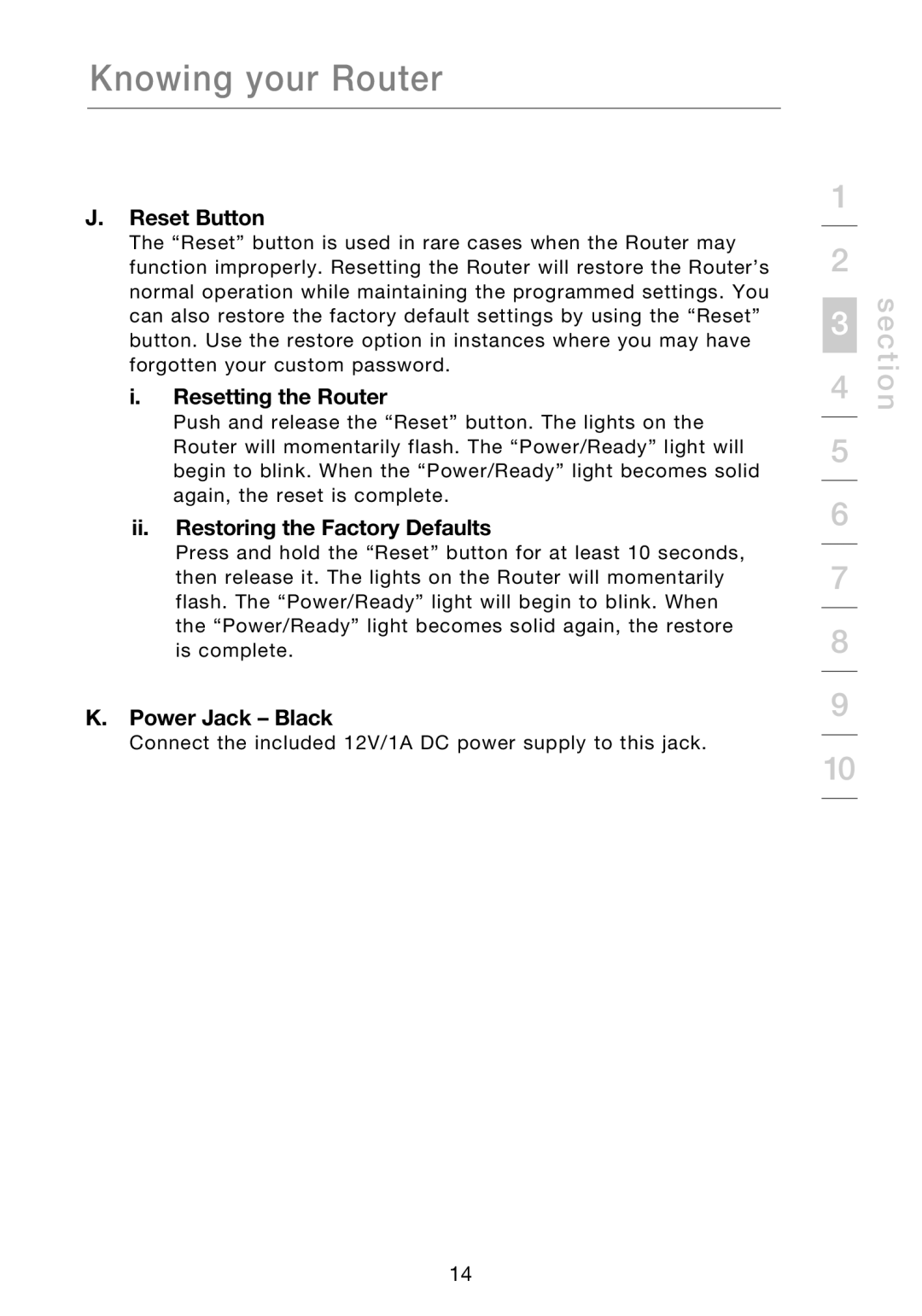 Belkin P75170EI manual Reset Button, Resetting the Router, Ii. Restoring the Factory Defaults, Power Jack Black 