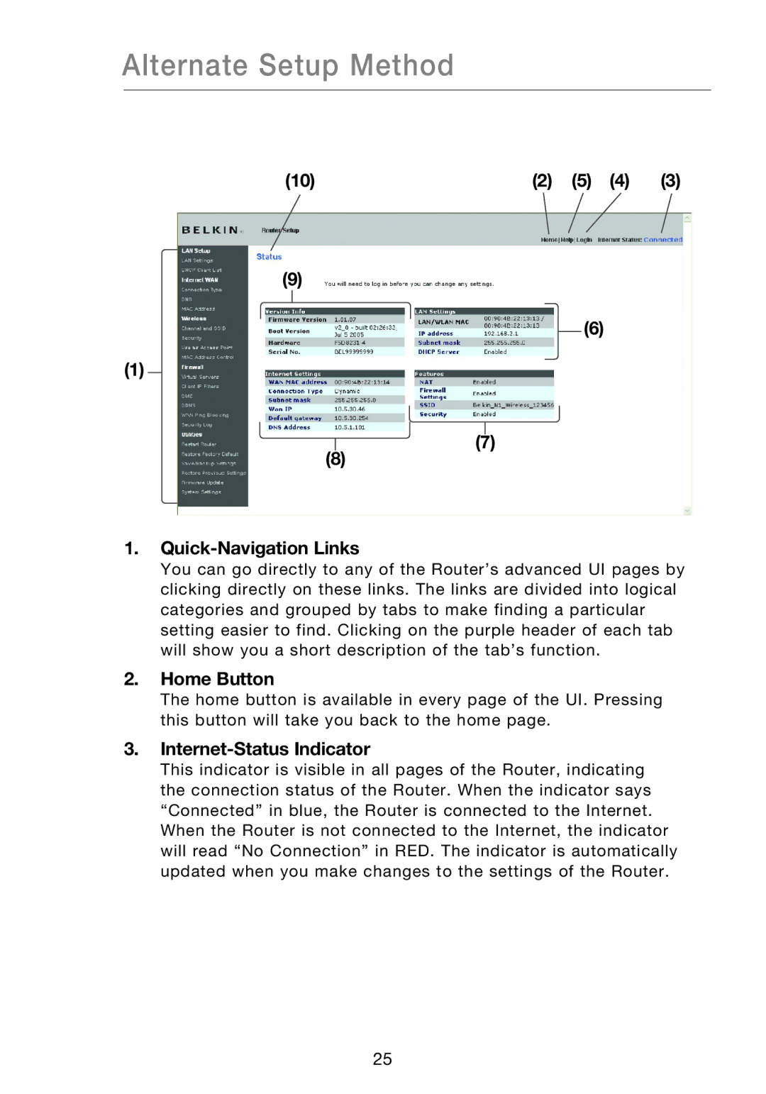 Belkin P75170EI manual Quick-Navigation Links, Home Button, Internet-Status Indicator 