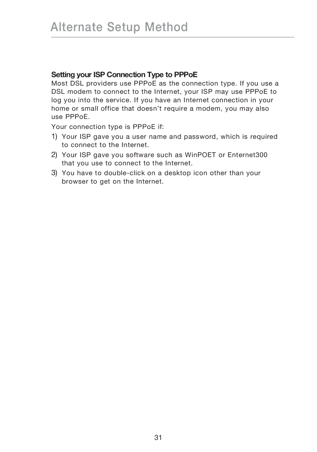 Belkin P75170EI manual Setting your ISP Connection Type to PPPoE 