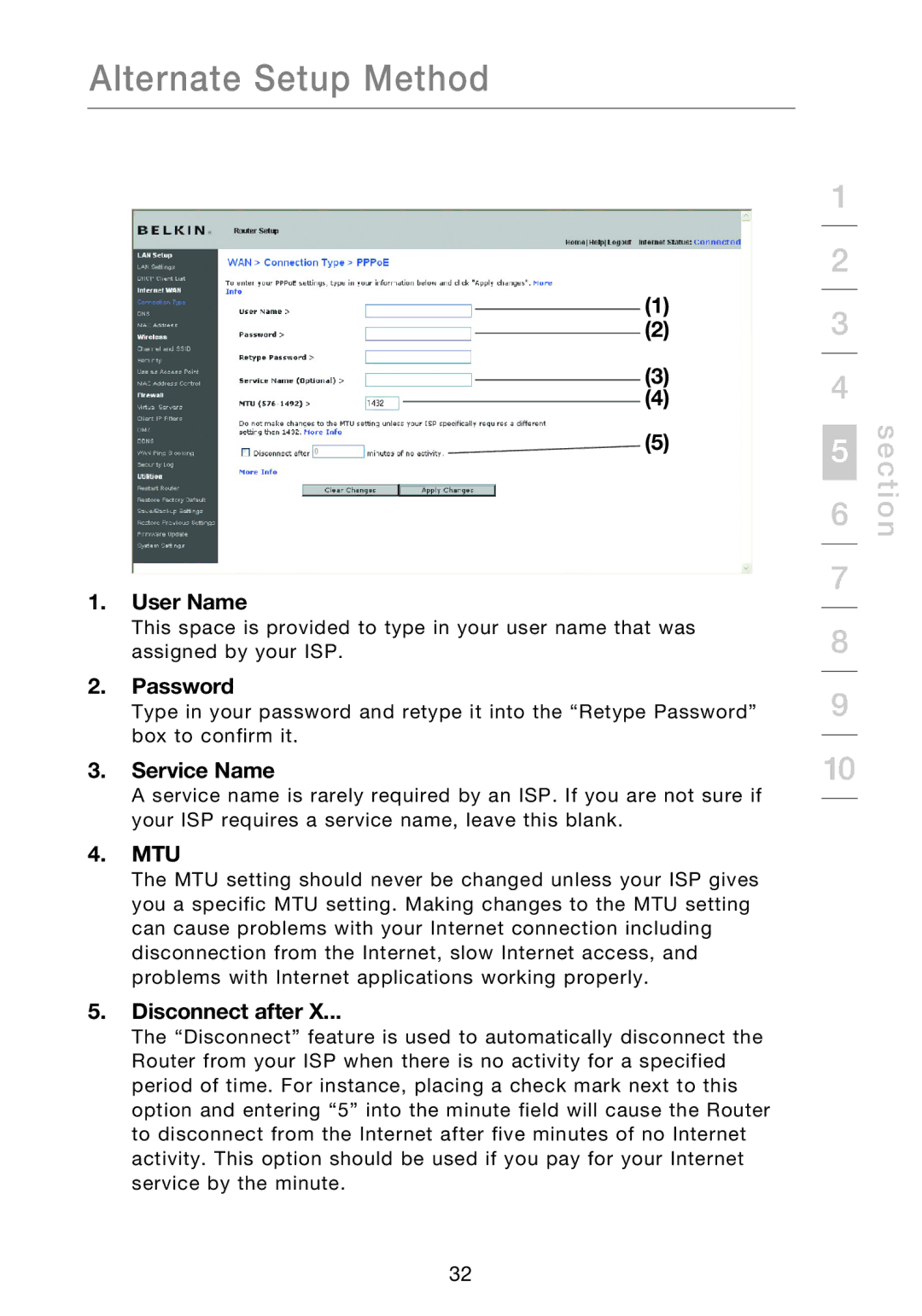 Belkin P75170EI manual User Name, Password, Service Name, Mtu, Disconnect after 