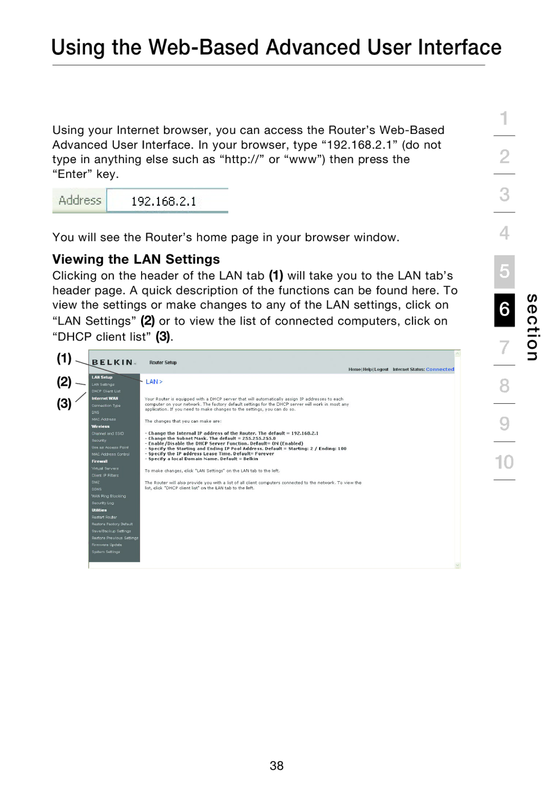 Belkin P75170EI manual Using the Web-Based Advanced User Interface, Viewing the LAN Settings 