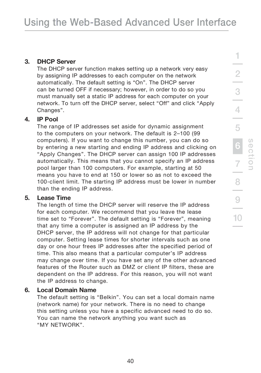 Belkin P75170EI manual Dhcp Server, IP Pool, Lease Time, Local Domain Name 
