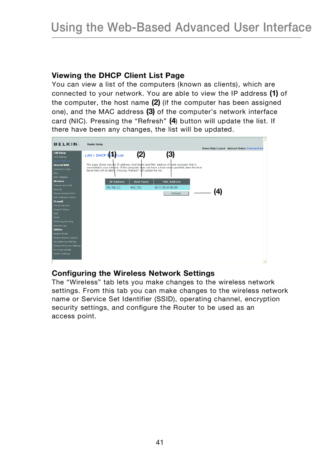 Belkin P75170EI manual Viewing the Dhcp Client List, Configuring the Wireless Network Settings 