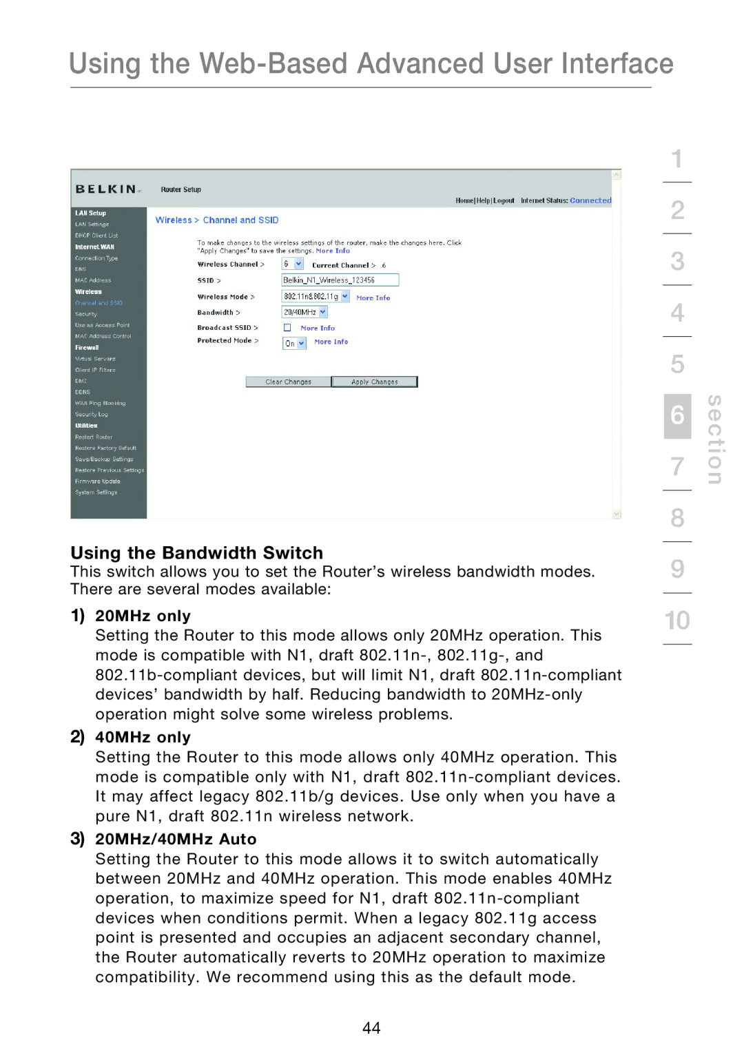 Belkin P75170EI manual Using the Bandwidth Switch, 20MHz only, 40MHz only, 20MHz/40MHz Auto 