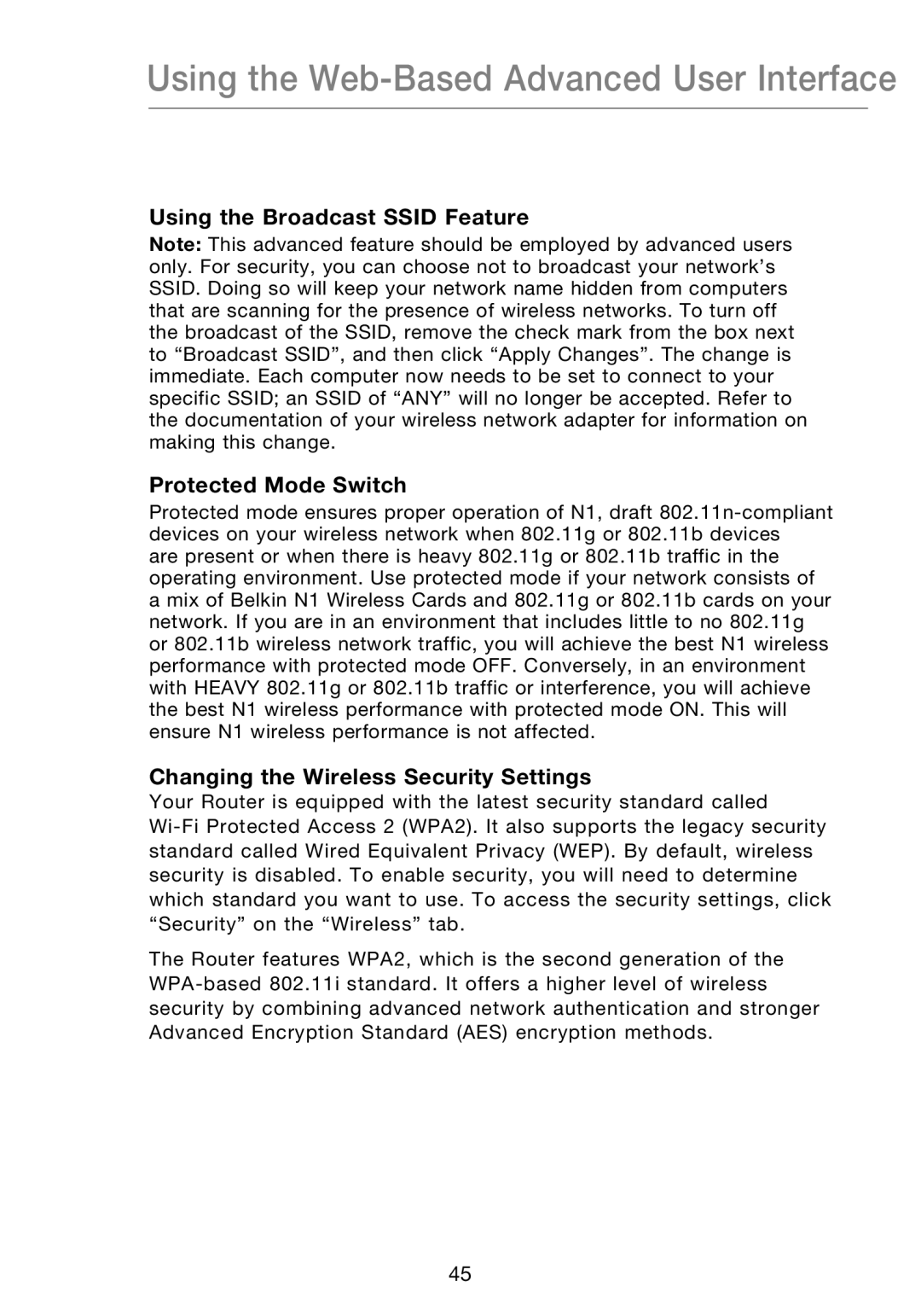 Belkin P75170EI manual Using the Broadcast Ssid Feature Protected Mode Switch, Changing the Wireless Security Settings 