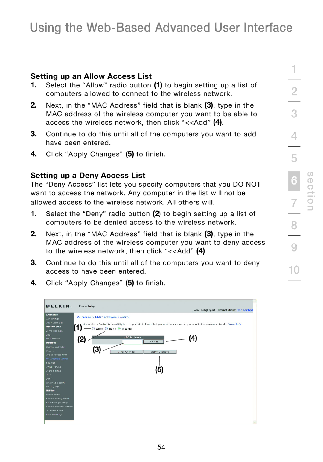 Belkin P75170EI manual Setting up an Allow Access List, Setting up a Deny Access List 