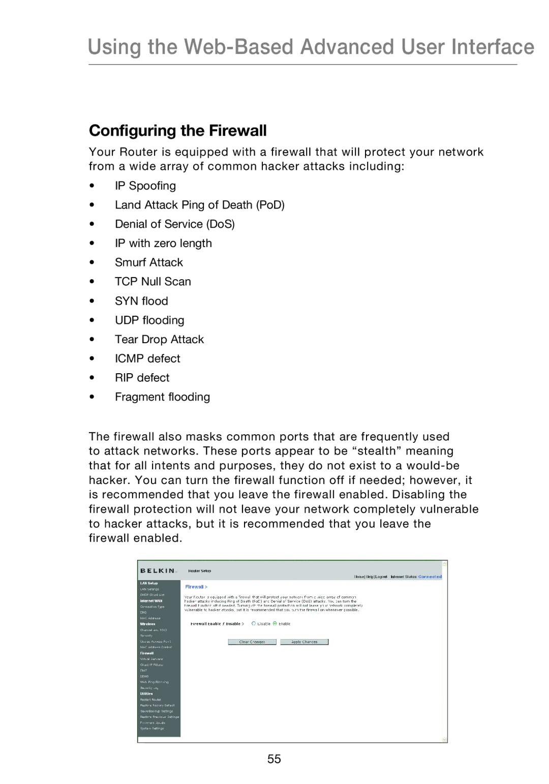 Belkin P75170EI manual Configuring the Firewall 