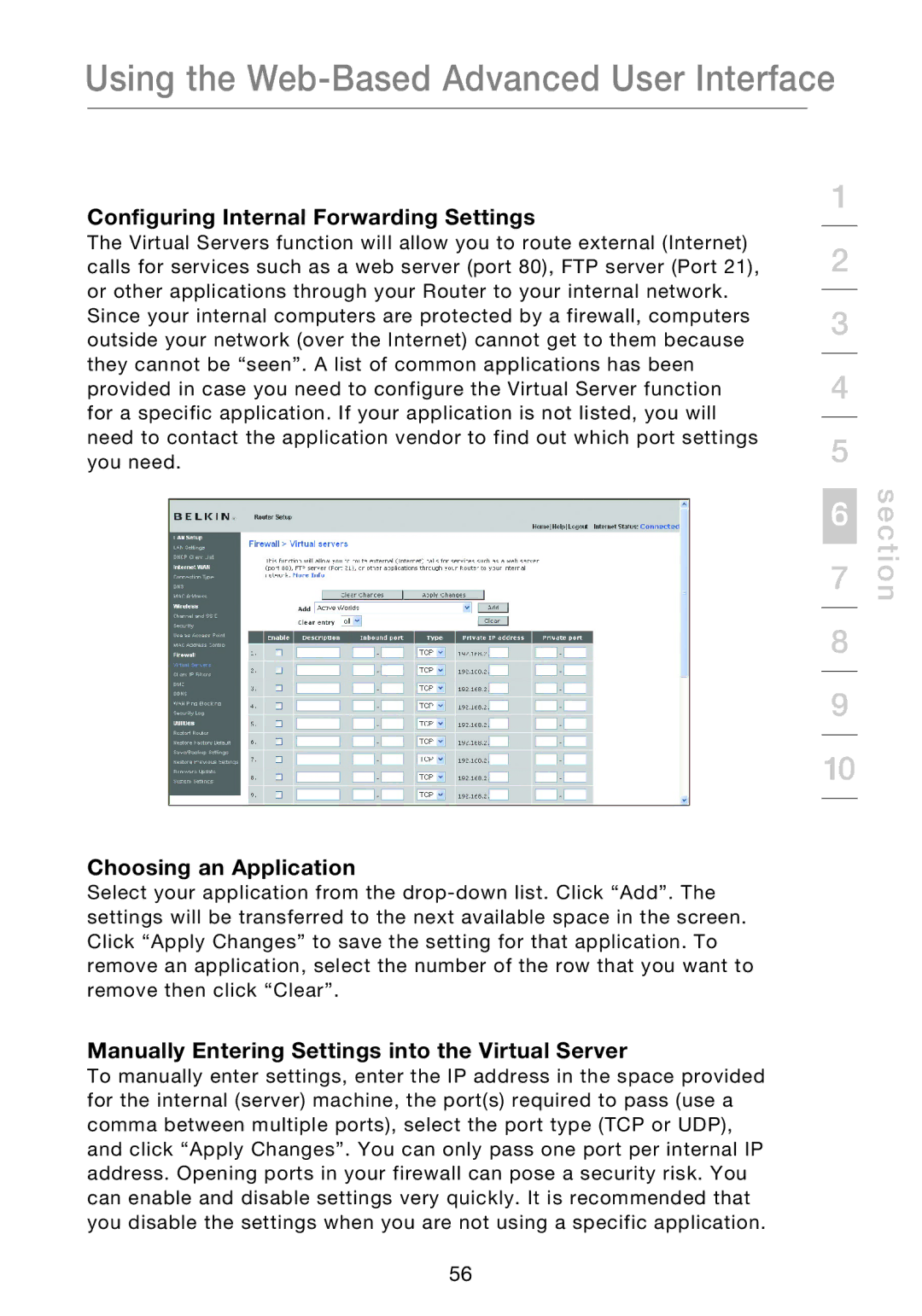 Belkin P75170EI manual Configuring Internal Forwarding Settings, Choosing an Application 