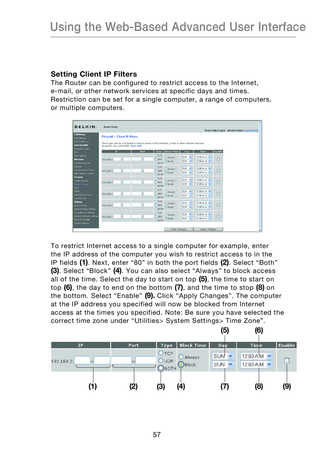 Belkin P75170EI manual Setting Client IP Filters 