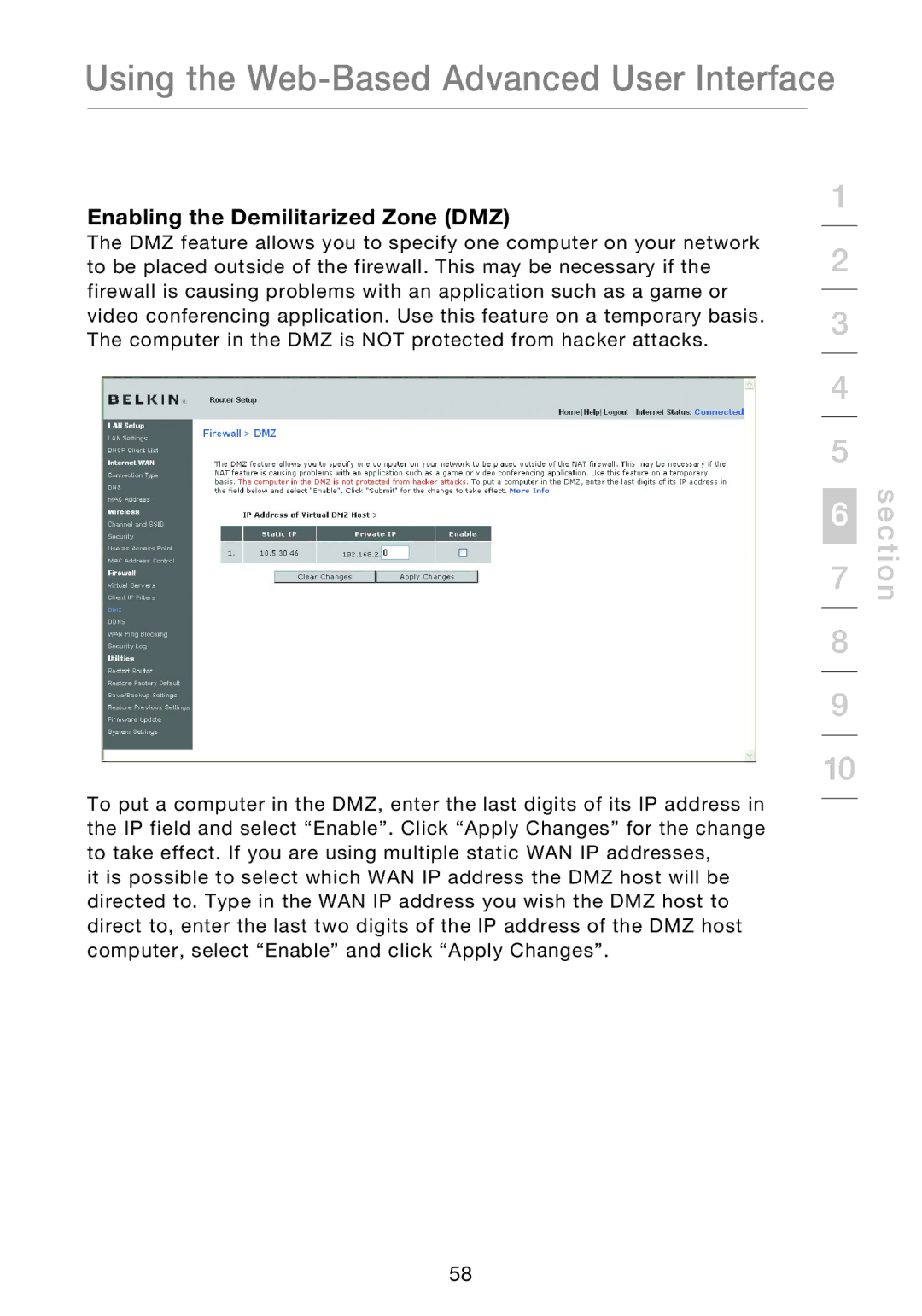 Belkin P75170EI manual Enabling the Demilitarized Zone DMZ 