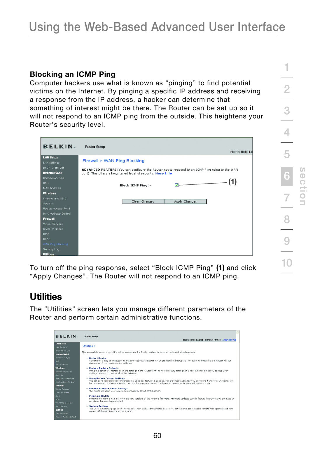 Belkin P75170EI manual Utilities, Blocking an Icmp Ping 