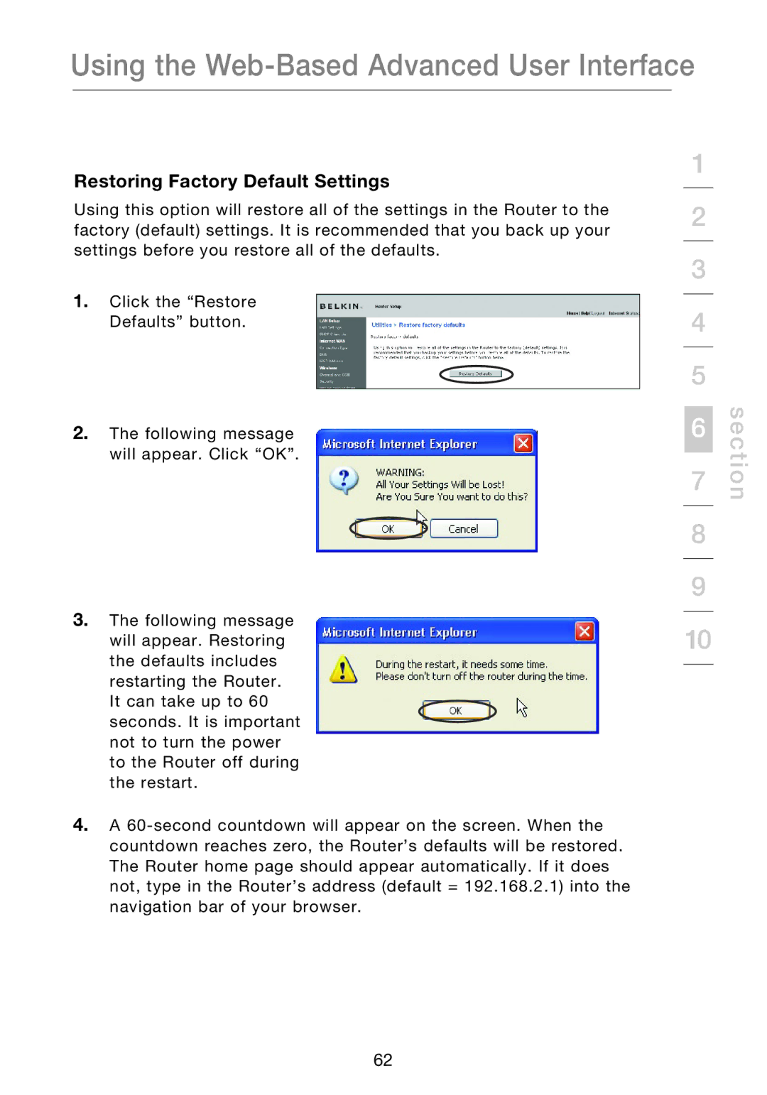 Belkin P75170EI manual Restoring Factory Default Settings 