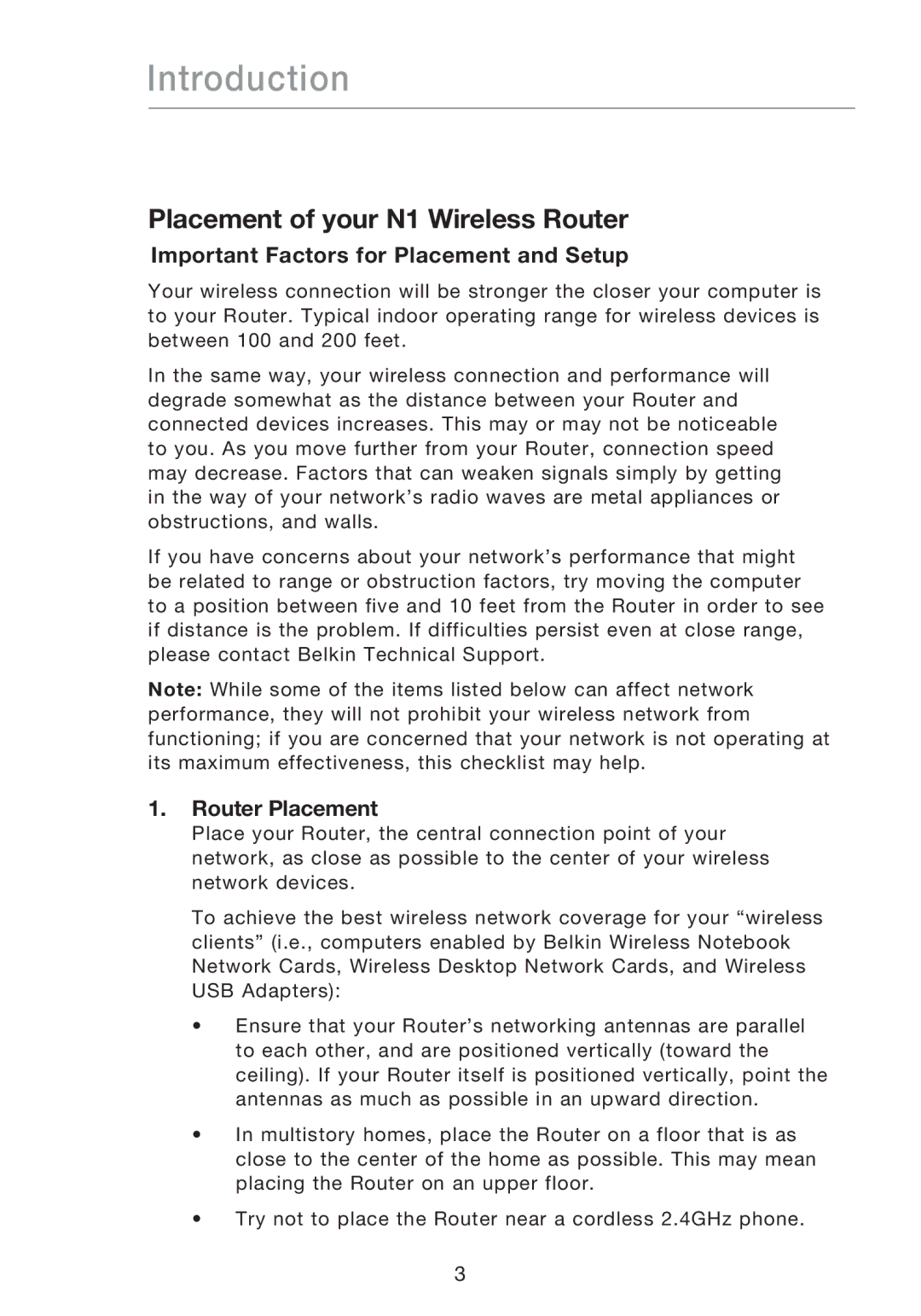 Belkin P75170EI manual Placement of your N1 Wireless Router, Important Factors for Placement and Setup, Router Placement 