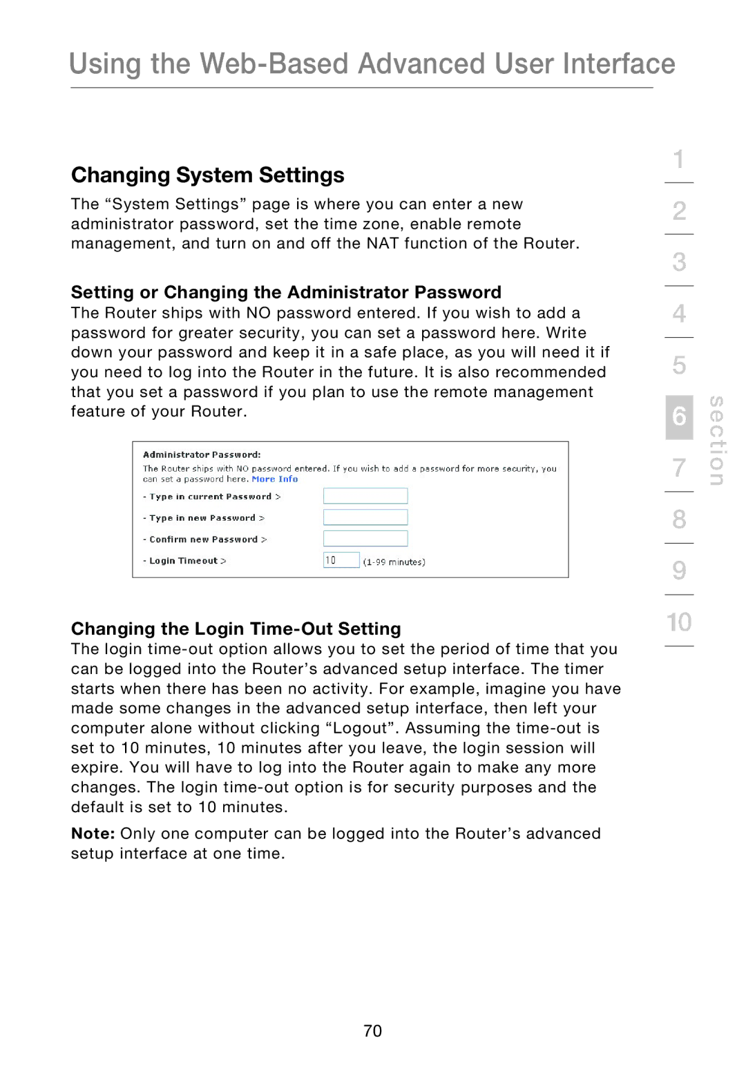 Belkin P75170EI manual Changing System Settings, Setting or Changing the Administrator Password 