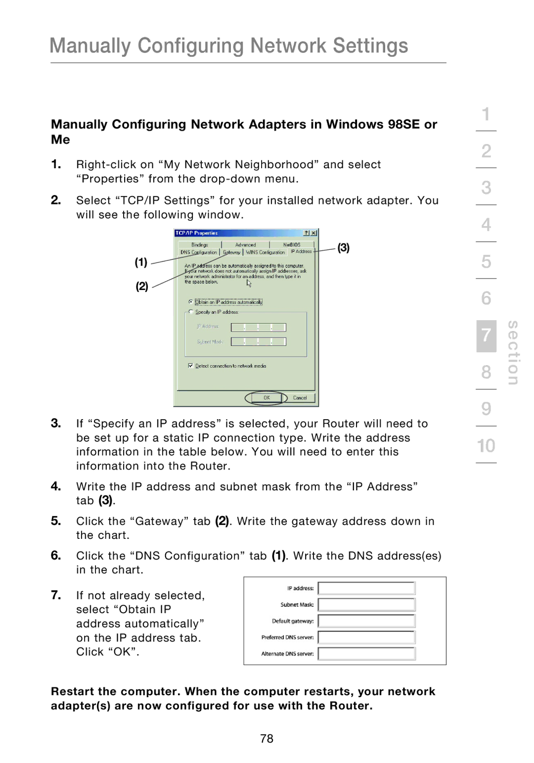 Belkin P75170EI manual Manually Configuring Network Adapters in Windows 98SE or Me 