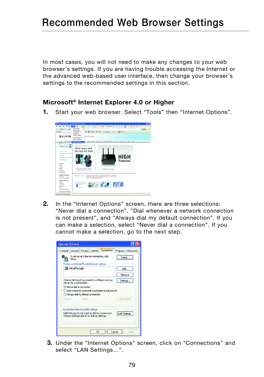 Belkin P75170EI manual Recommended Web Browser Settings, Microsoft Internet Explorer 4.0 or Higher 