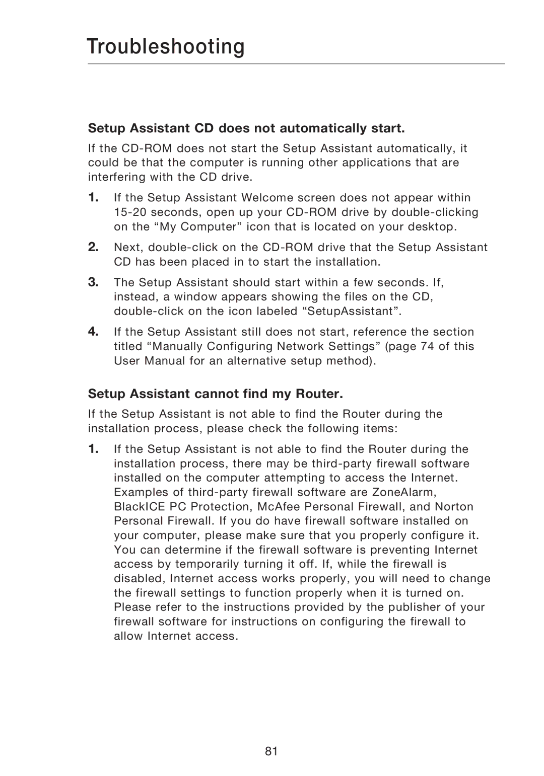 Belkin P75170EI Troubleshooting, Setup Assistant CD does not automatically start, Setup Assistant cannot find my Router 