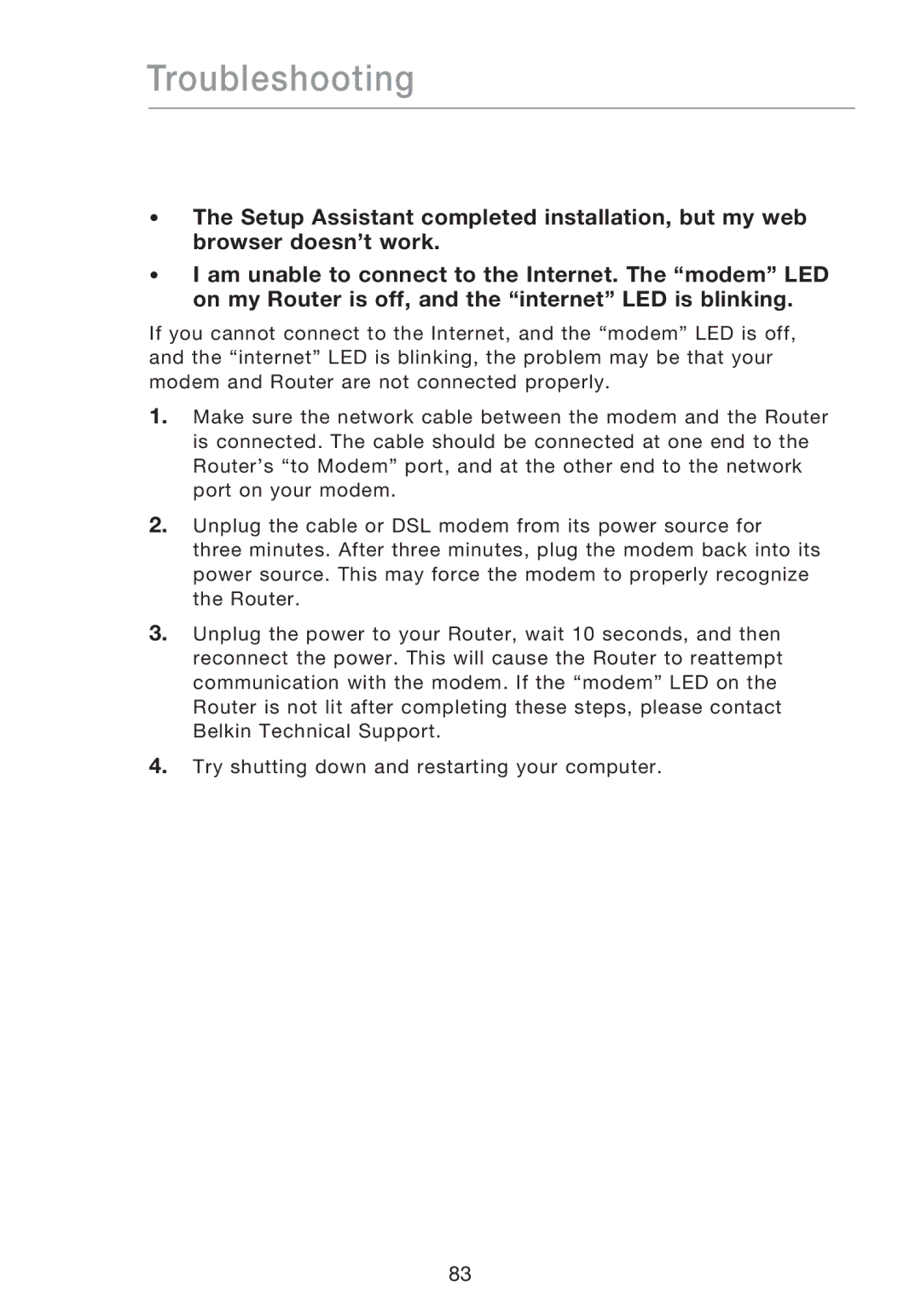 Belkin P75170EI manual Troubleshooting 