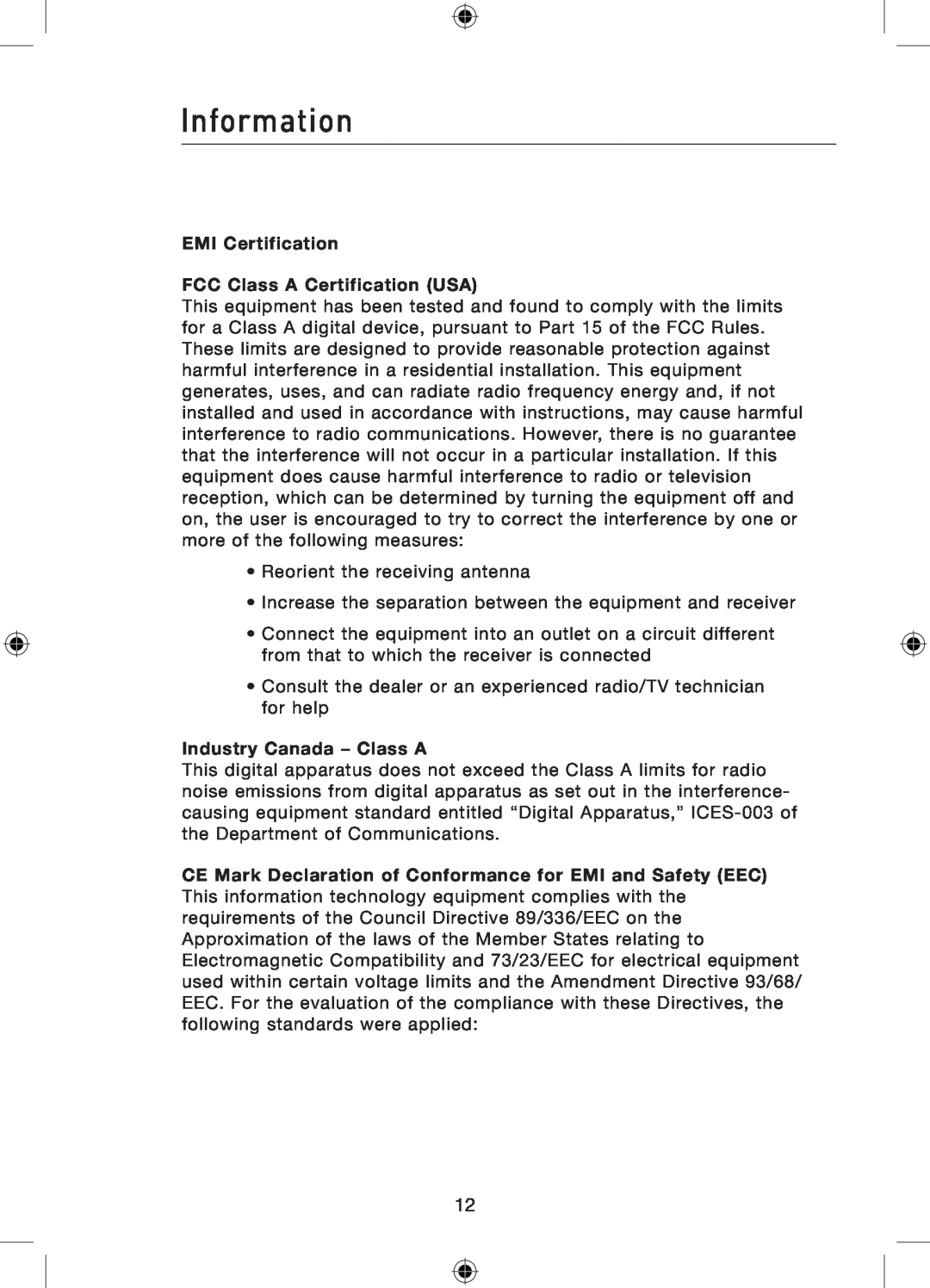 Belkin P75179ea manual Information, EMI Certification FCC Class A Certification USA, Industry Canada - Class A 