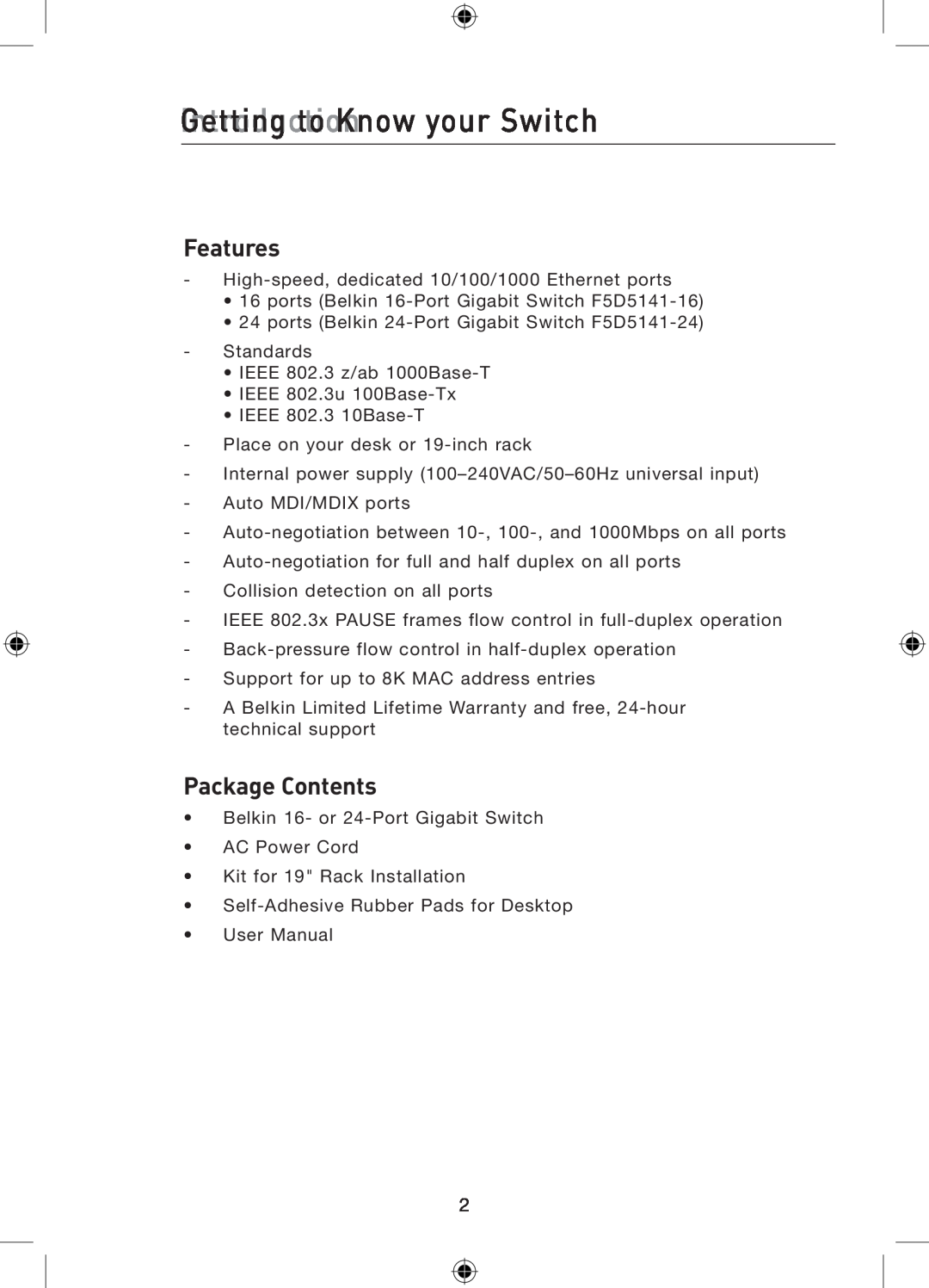 Belkin P75179ea manual GettingIntroductionto Know your Switch, Features, Package Contents 