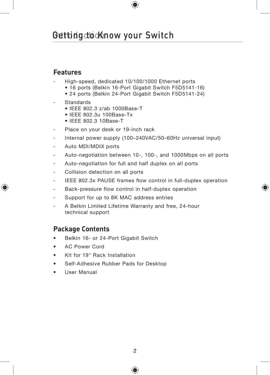 Belkin P75179ea manual GettingIntroductionto Know your Switch, Features, Package Contents 