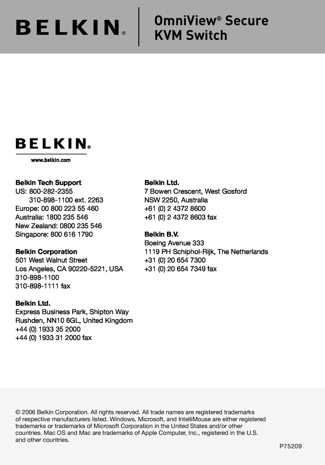 Belkin P75209 manual OmniView Secure KVM Switch, Belkin Tech Support, Belkin B.V, Belkin Corporation 