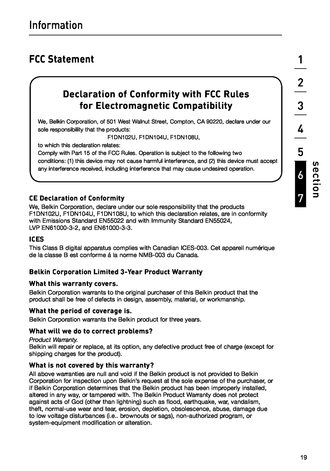 Belkin P75209 Information, FCC Statement, Declaration of Conformity with FCC Rules, for Electromagnetic Compatibility 