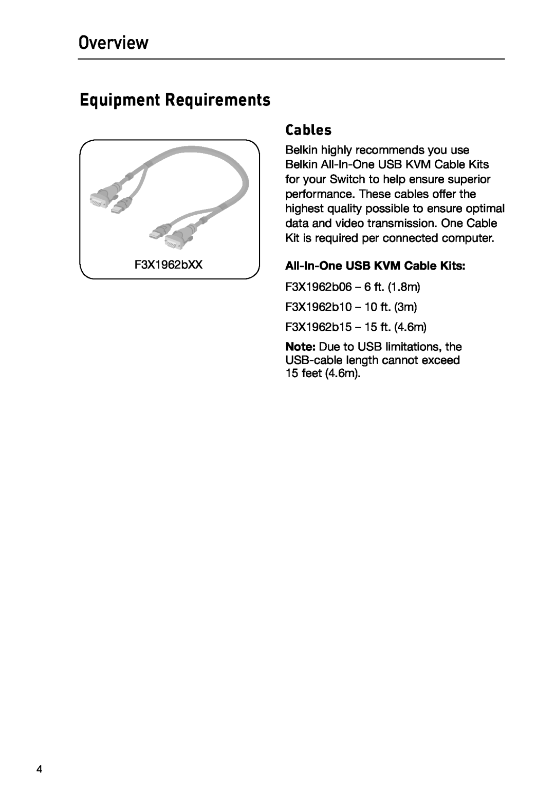 Belkin P75209 manual Equipment Requirements, Cables, Overview 