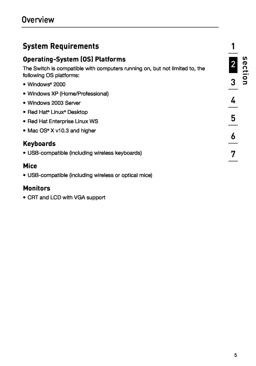 Belkin P75209 manual System Requirements, Operating-System OS Platforms, Keyboards, Mice, Monitors, Overview, section 