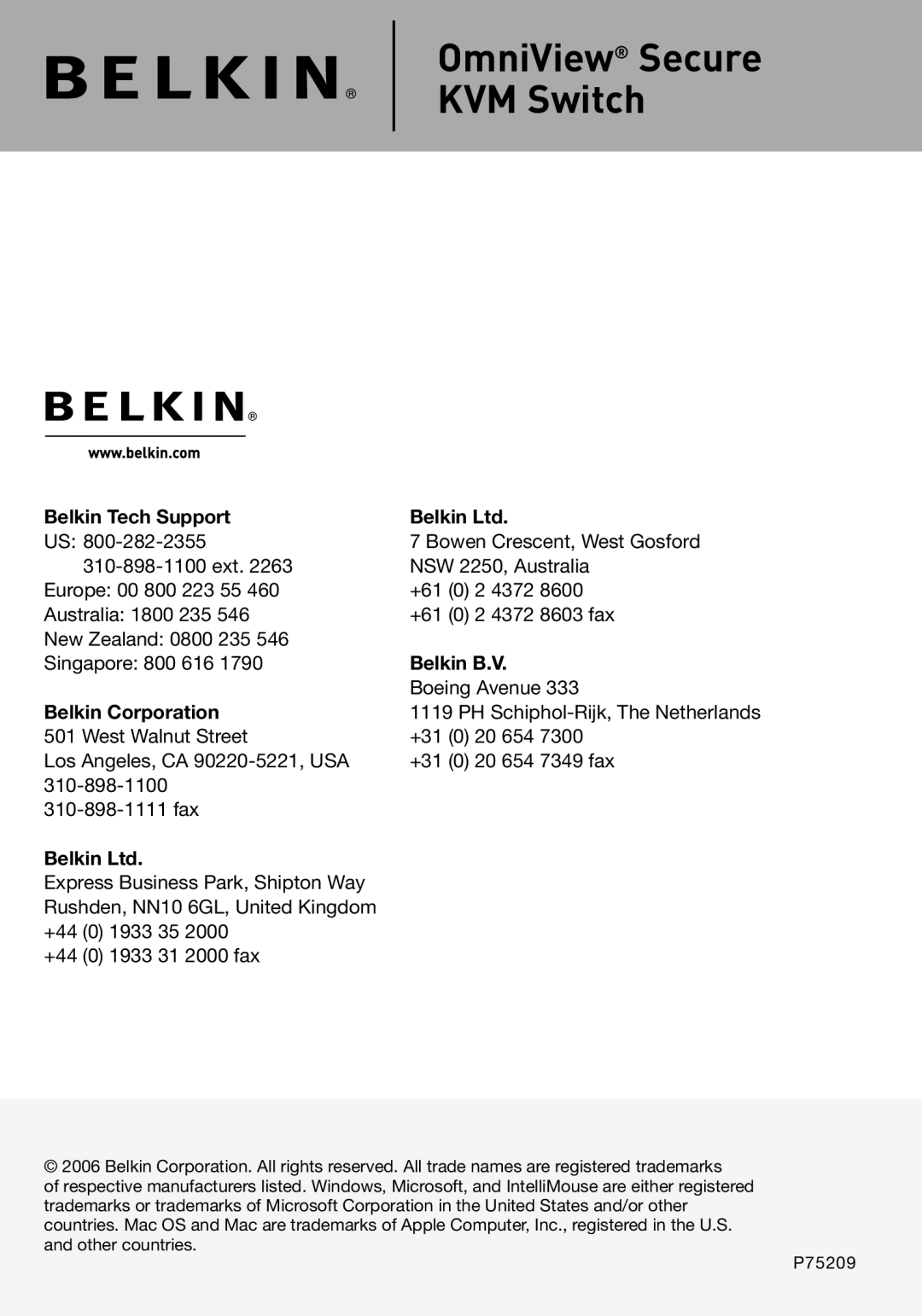 Belkin P75209 manual Belkin Tech Support, Belkin B.V, Belkin Corporation 