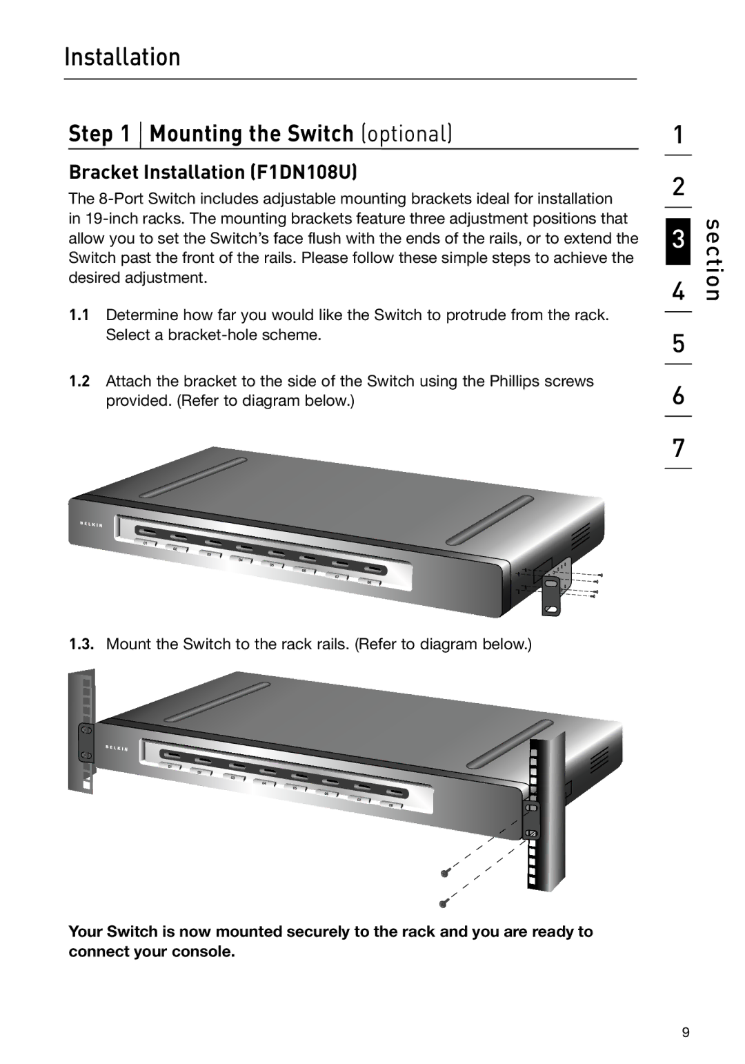 Belkin P75209 manual Mounting the Switch optional, Bracket Installation F1DN108U 