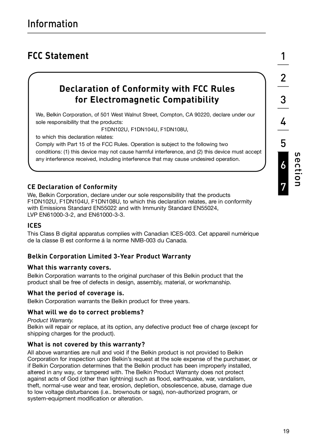 Belkin P75209 manual Information, FCC Statement 