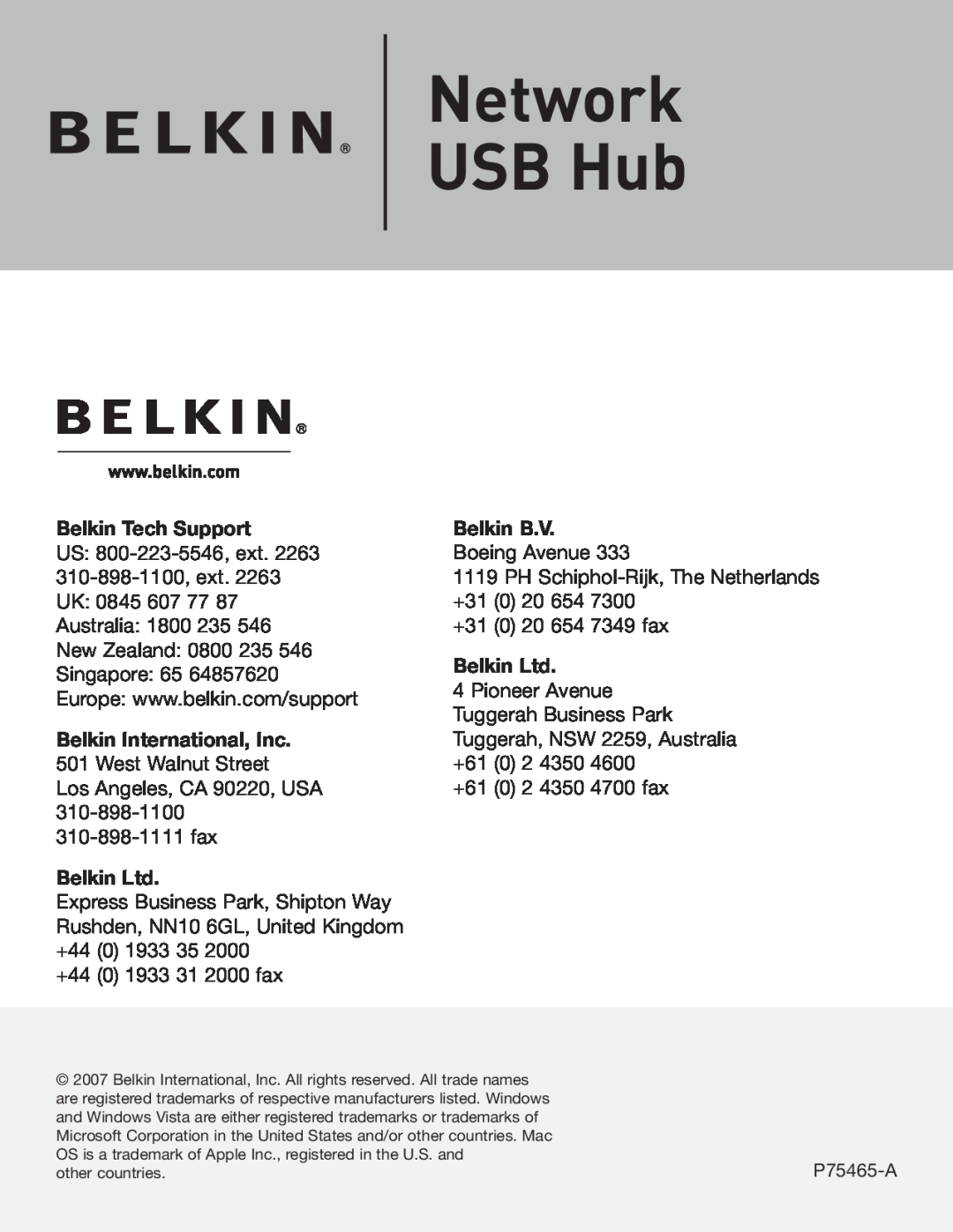 Belkin P75465-A manual Network USB Hub, Belkin Tech Support, Belkin B.V 