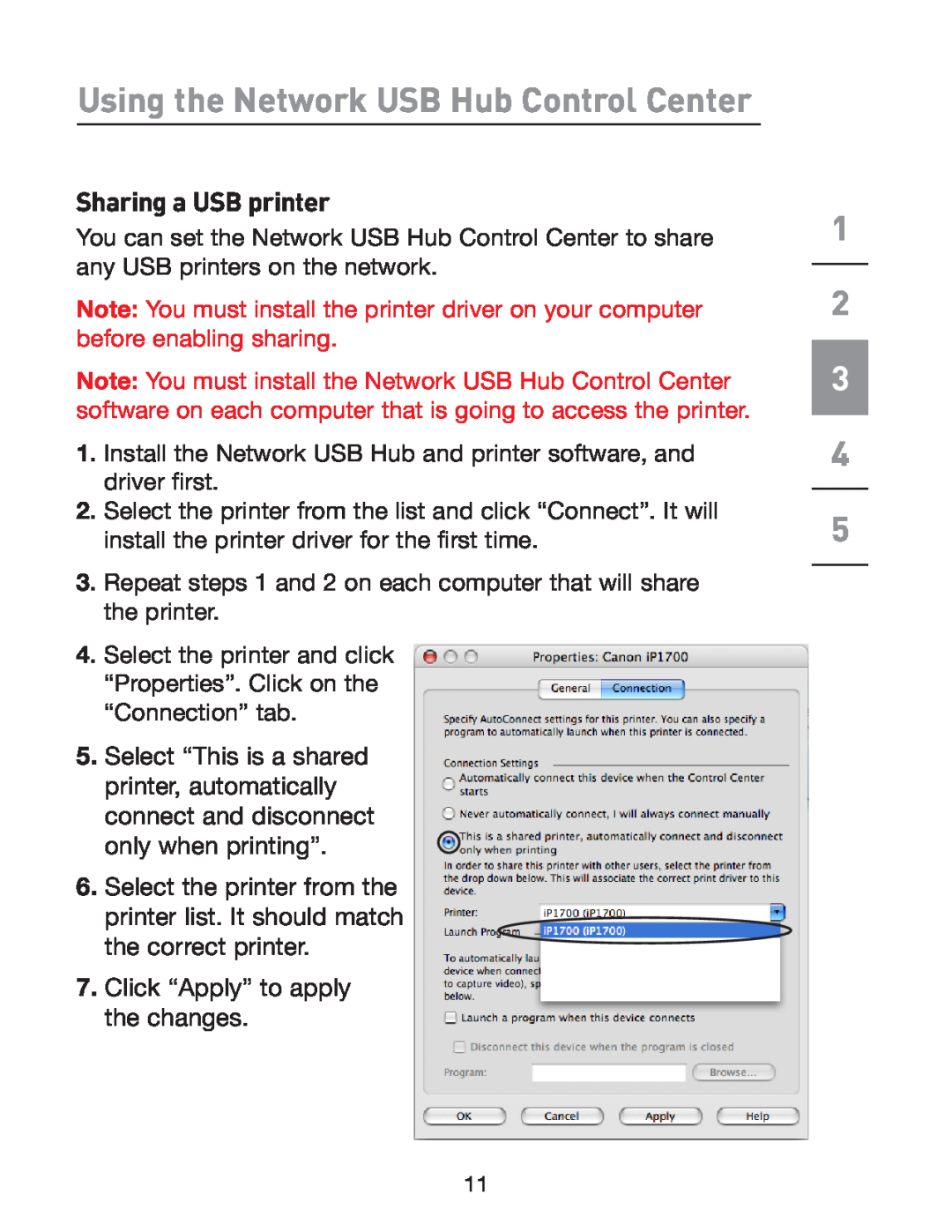 Belkin P75465-A Sharing a USB printer, Select “This is a shared printer, automatically, Click “Apply” to apply the changes 