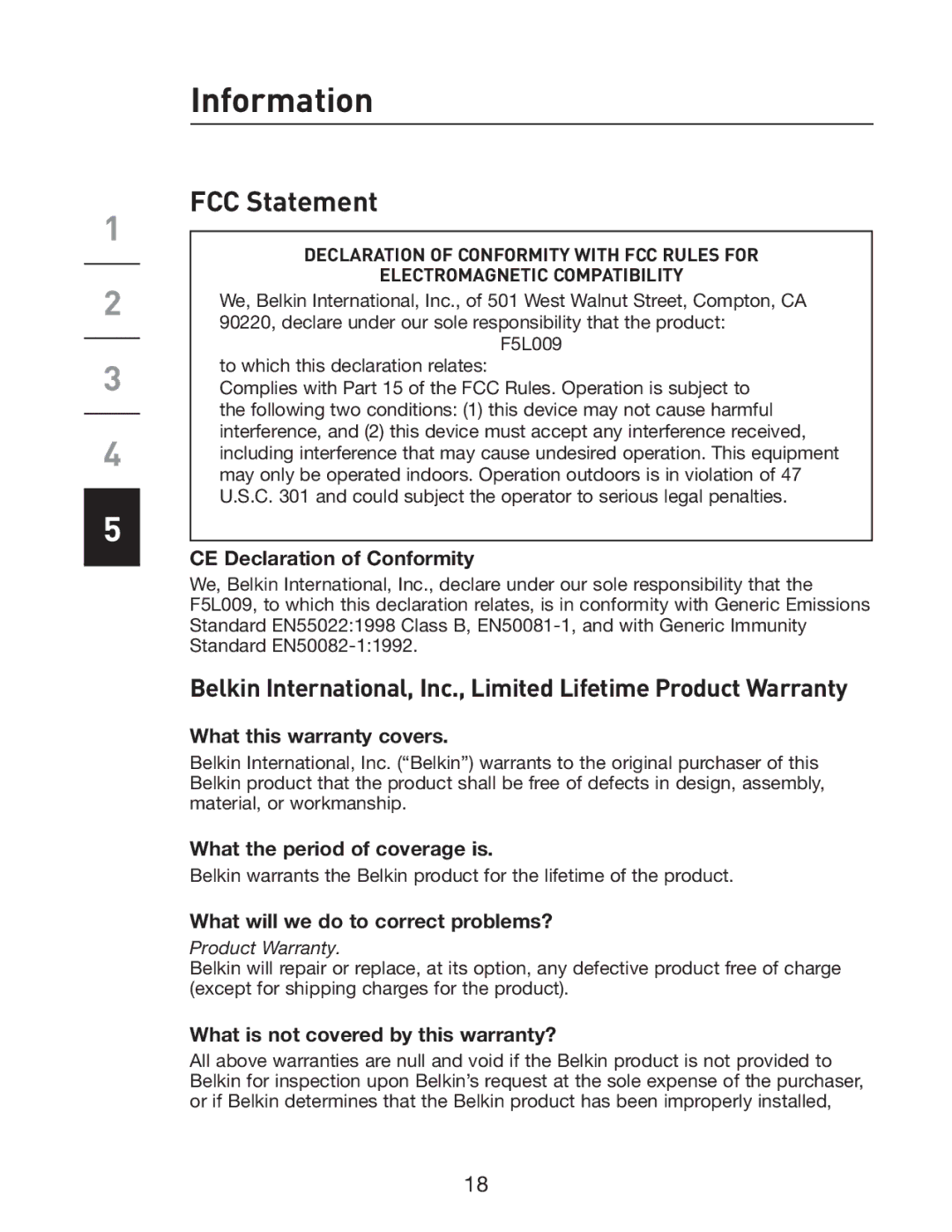 Belkin P75465-A manual Information, FCC Statement 