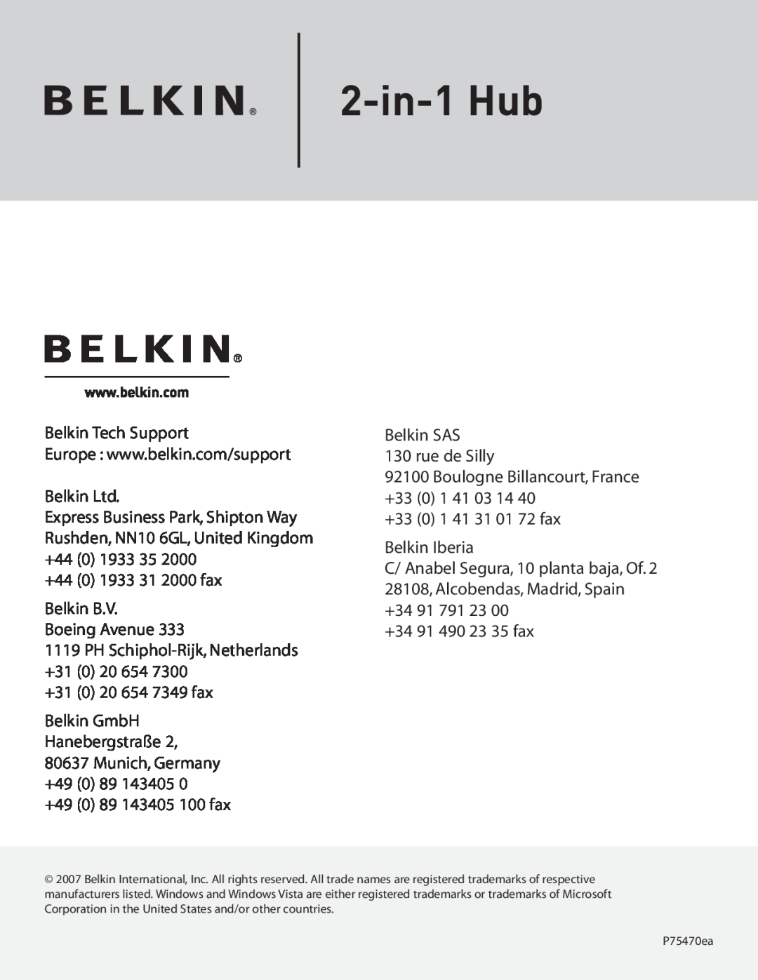 Belkin P75470ea manual 2-in-1 Hub 