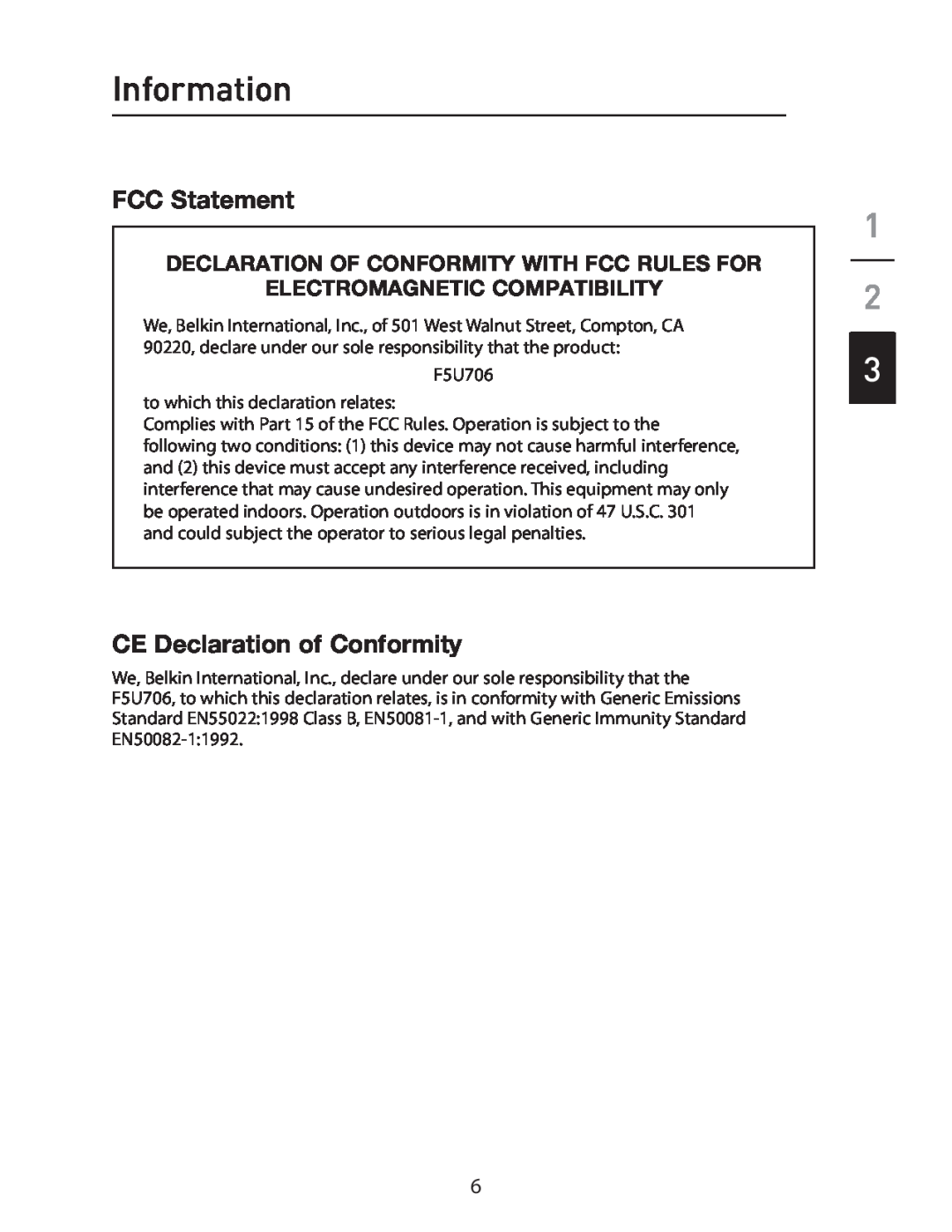 Belkin P75470ea Information, FCC Statement, CE Declaration of Conformity, Declaration Of Conformity With Fcc Rules For 