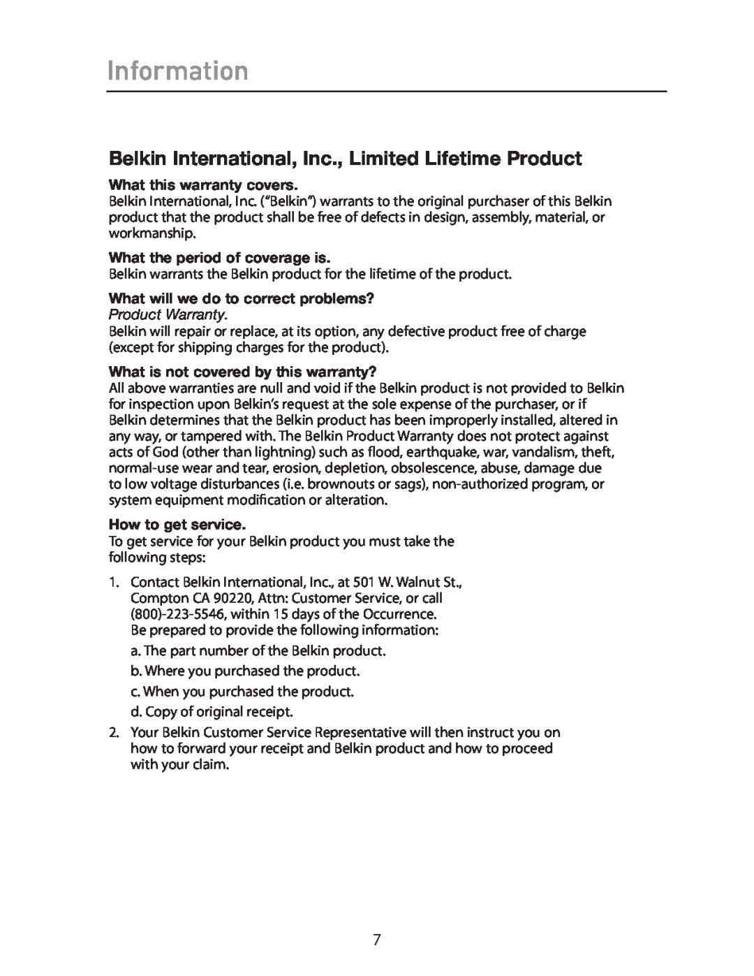 Belkin P75470ea manual Information, Belkin International, Inc., Limited Lifetime Product, What this warranty covers 