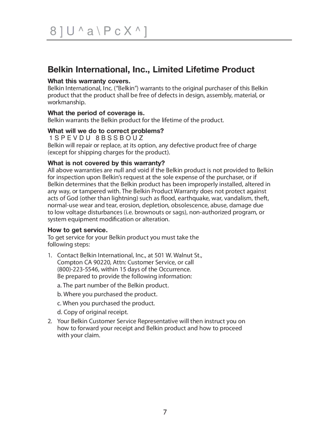 Belkin P75470ea manual Information, Belkin International, Inc., Limited Lifetime Product 