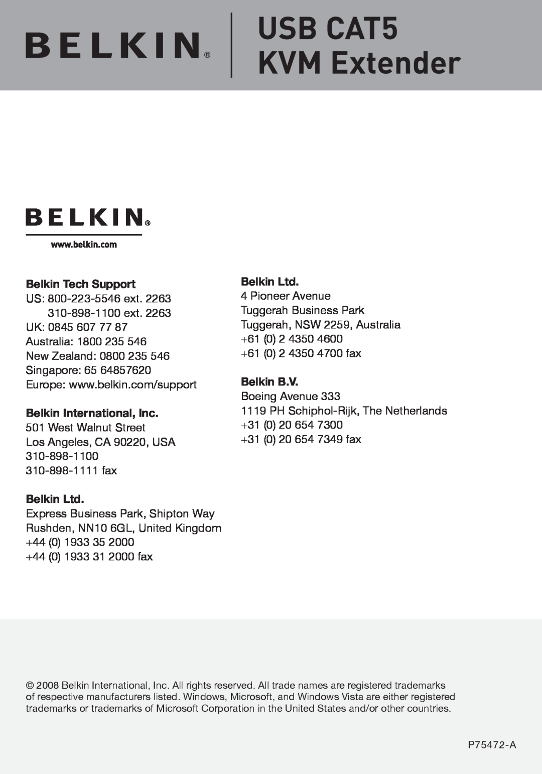 Belkin P75472-A manual USB CAT5 KVM Extender, Belkin Tech Support, Belkin B.V. Boeing Avenue 