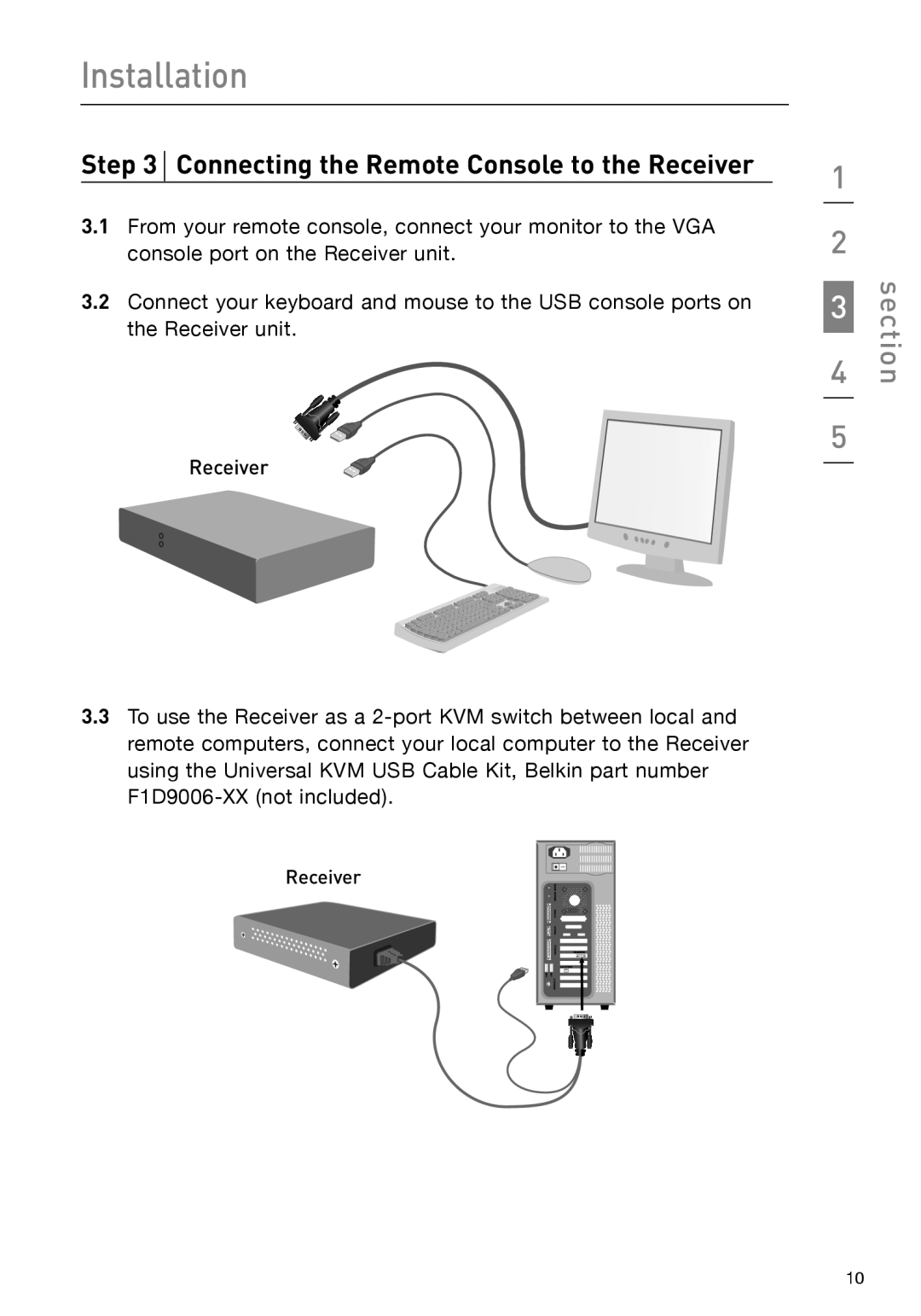 Belkin P75472-A manual Connecting the Remote Console to the Receiver, Installation, section 