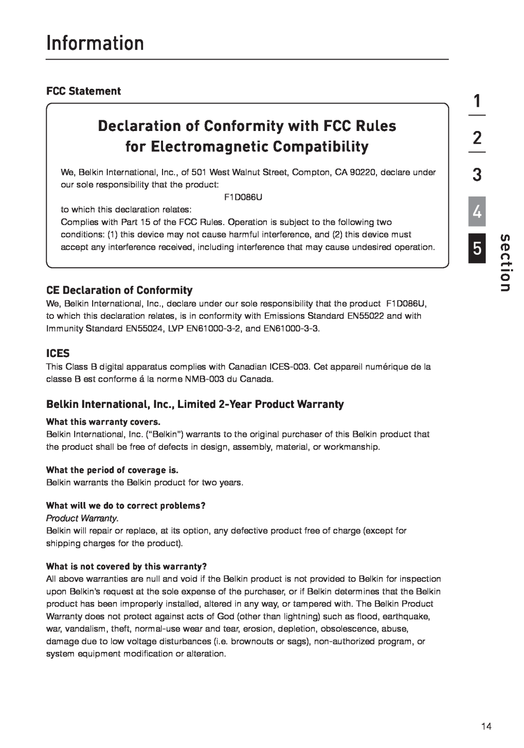 Belkin P75472-A Information, Declaration of Conformity with FCC Rules, for Electromagnetic Compatibility, section, Ices 