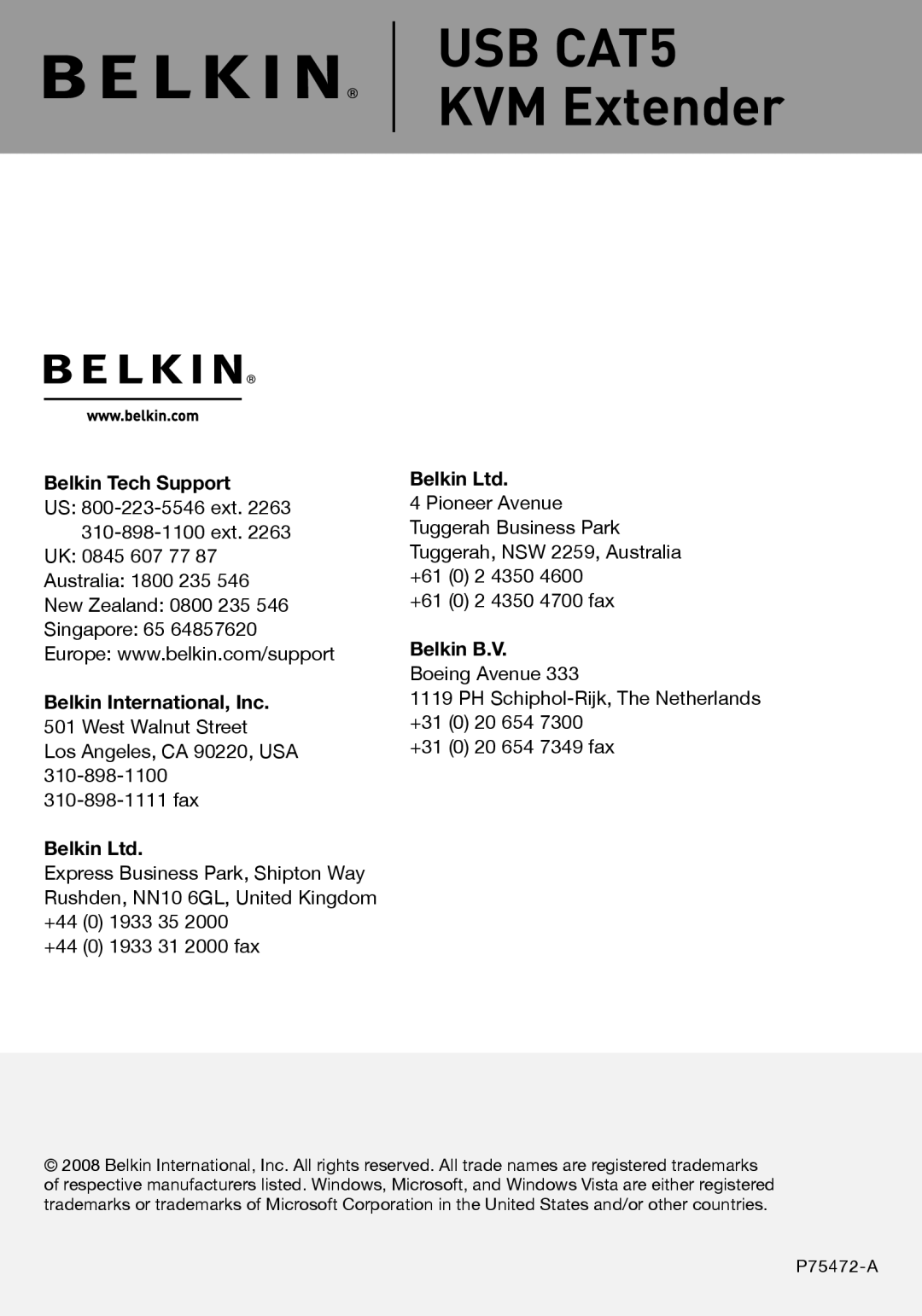 Belkin P75472-A manual USB CAT5 KVM Extender 