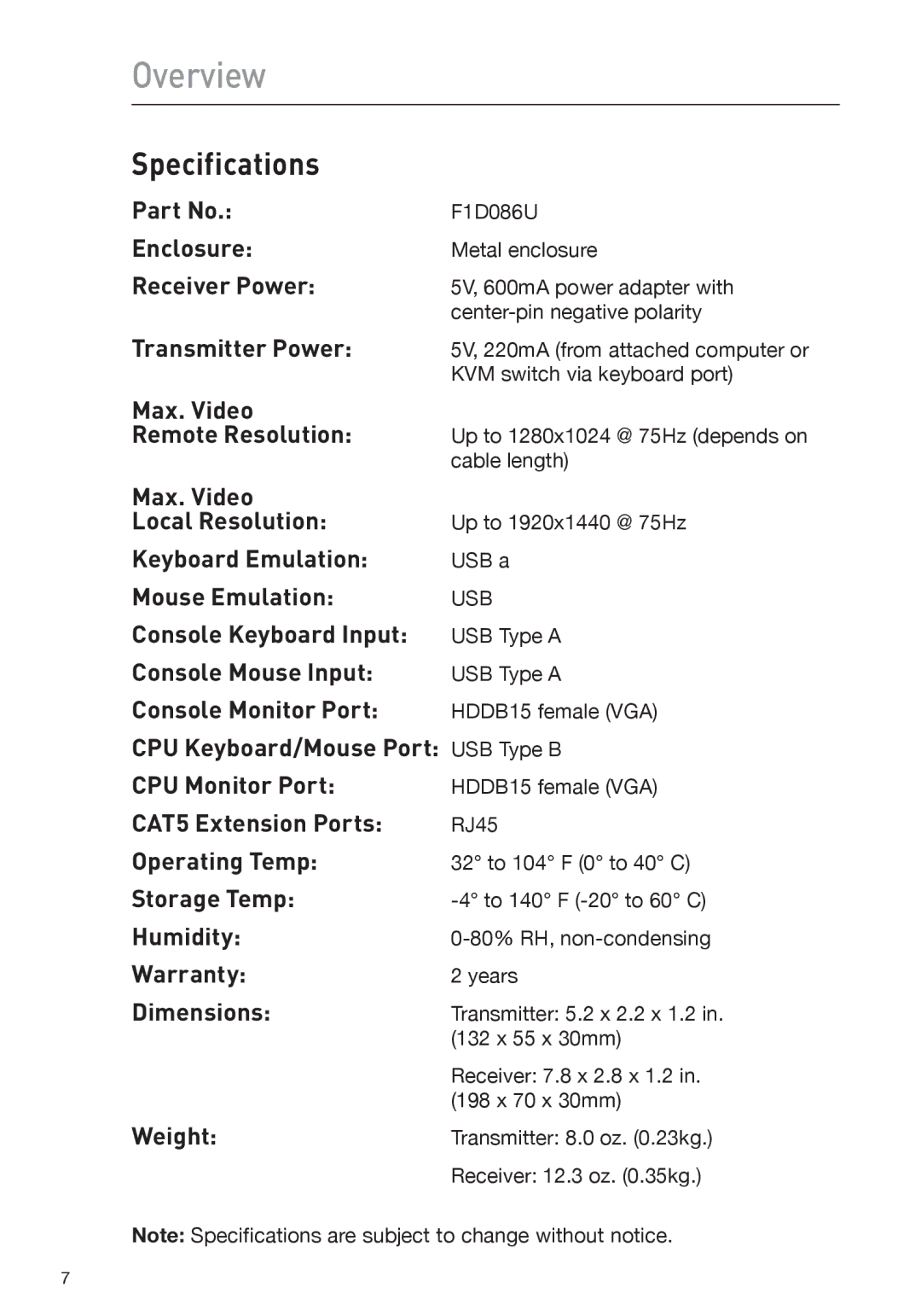 Belkin P75472-A manual Specifications 