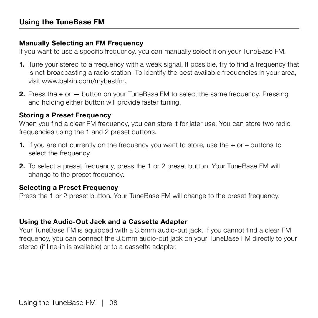 Belkin P75824-C manual Using the TuneBase FM Manually Selecting an FM Frequency, Storing a Preset Frequency 