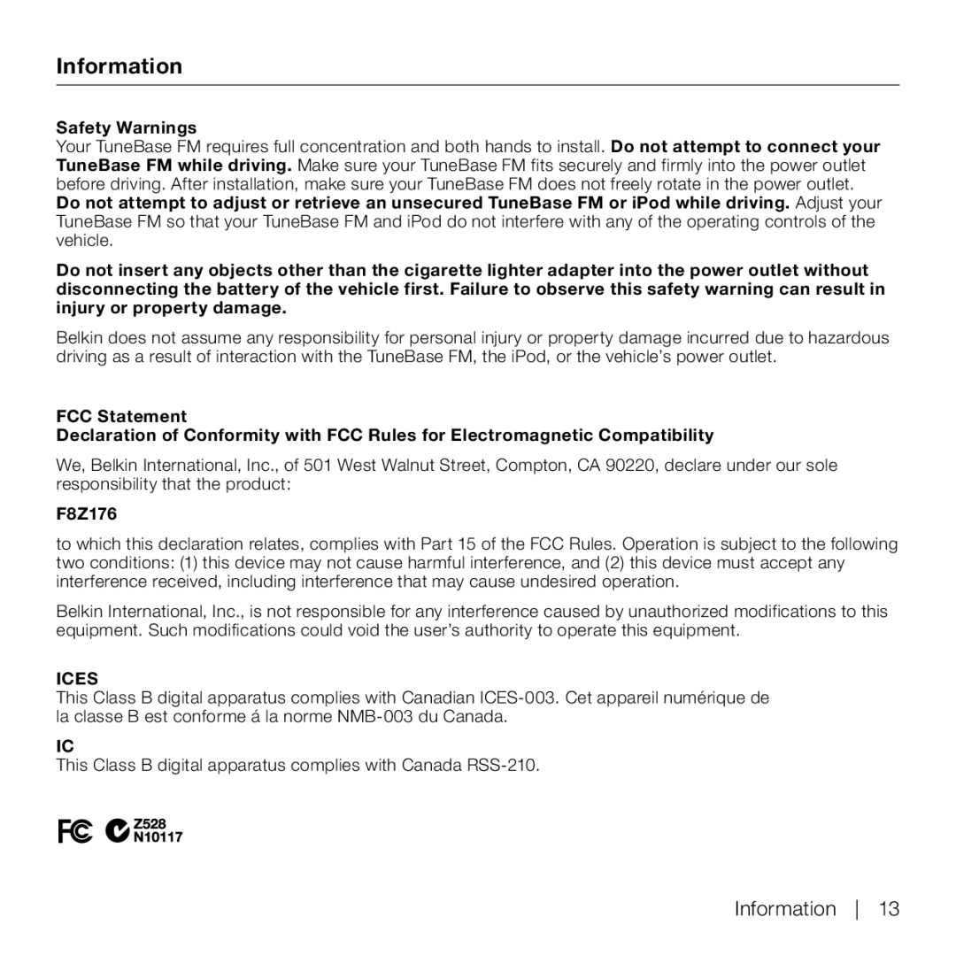 Belkin P75824-C manual Information, Safety Warnings 